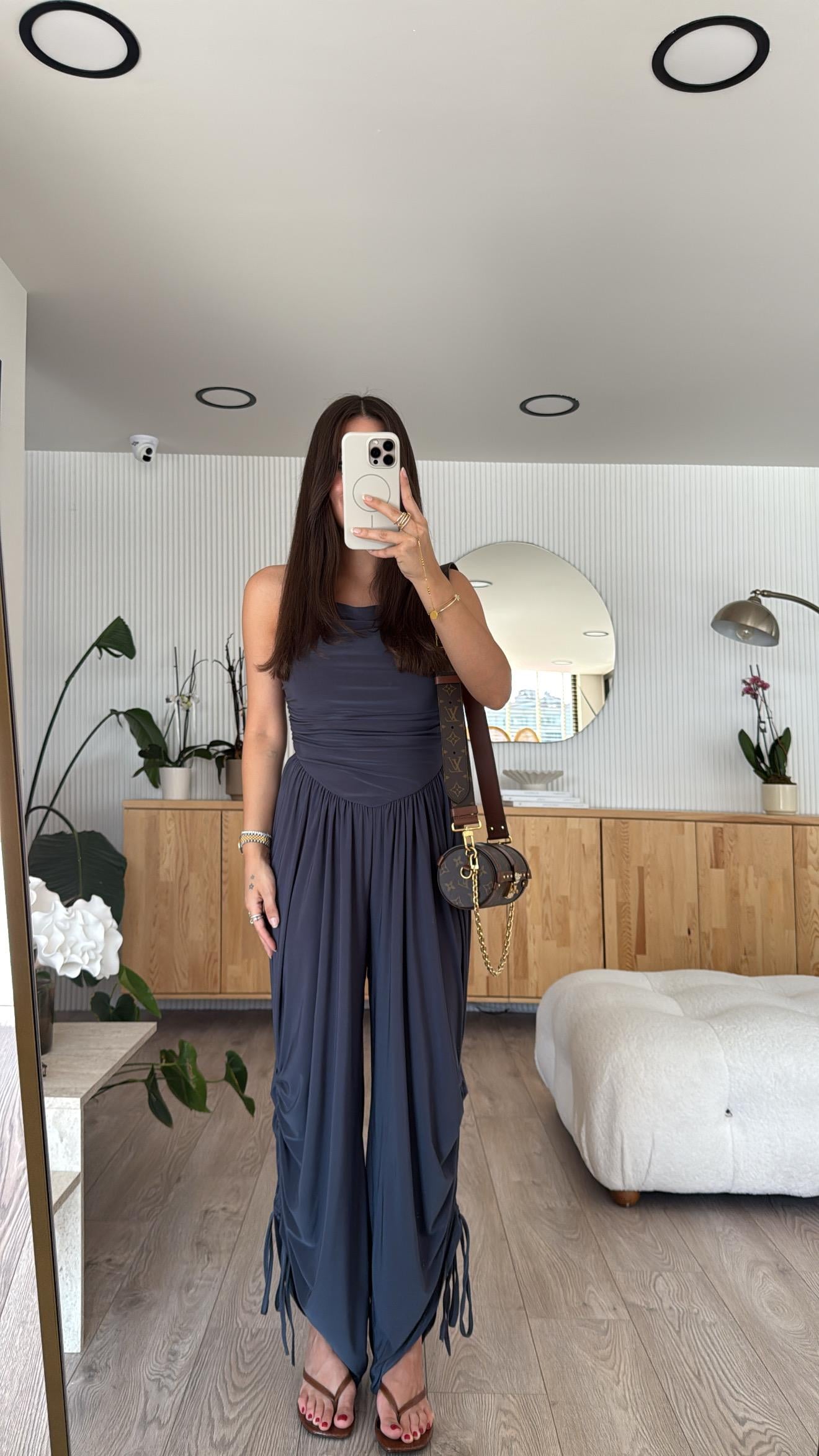 Füme Boyundan Bağlamalı Drapeli Tulum 