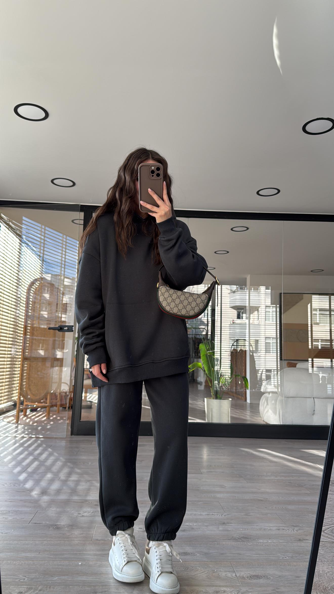 Füme Kapüşonlu Marka Model Sweat Takım