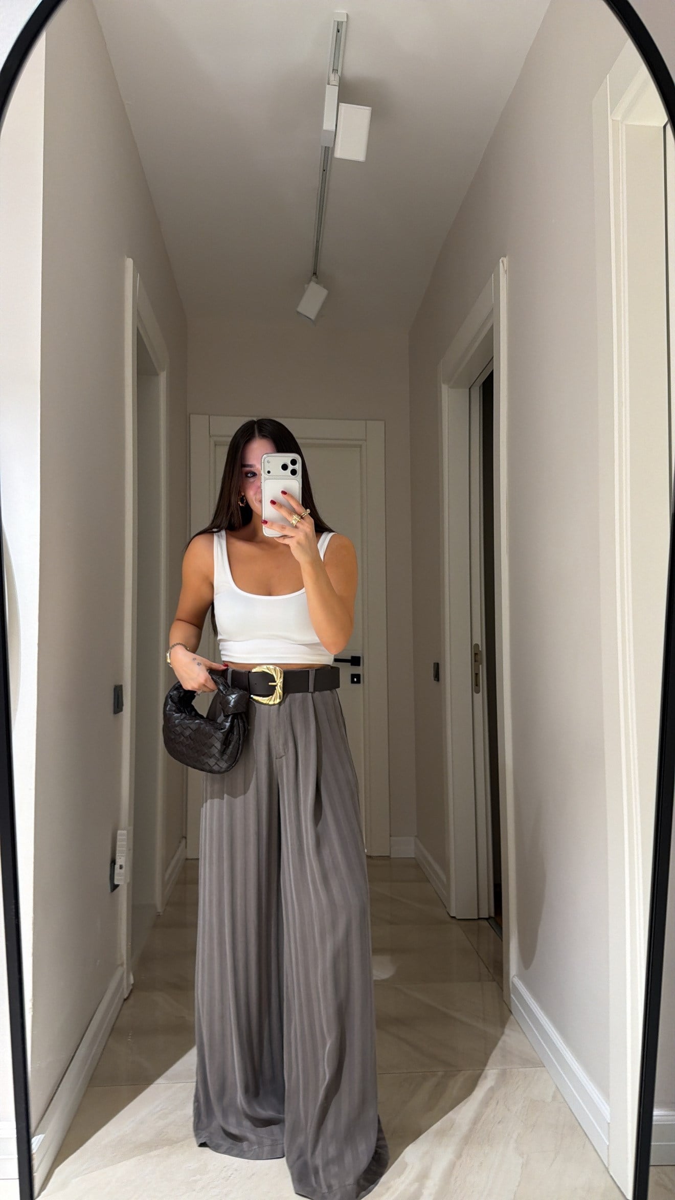 Füme Kendinden Çizgili Kemerli Palazzo Pantolon