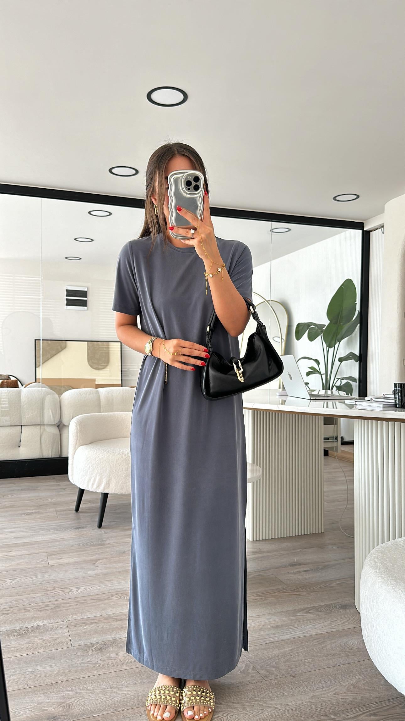 Füme Kısa Kol Basic Modal Kumal Yırtmaçlı Elbise 