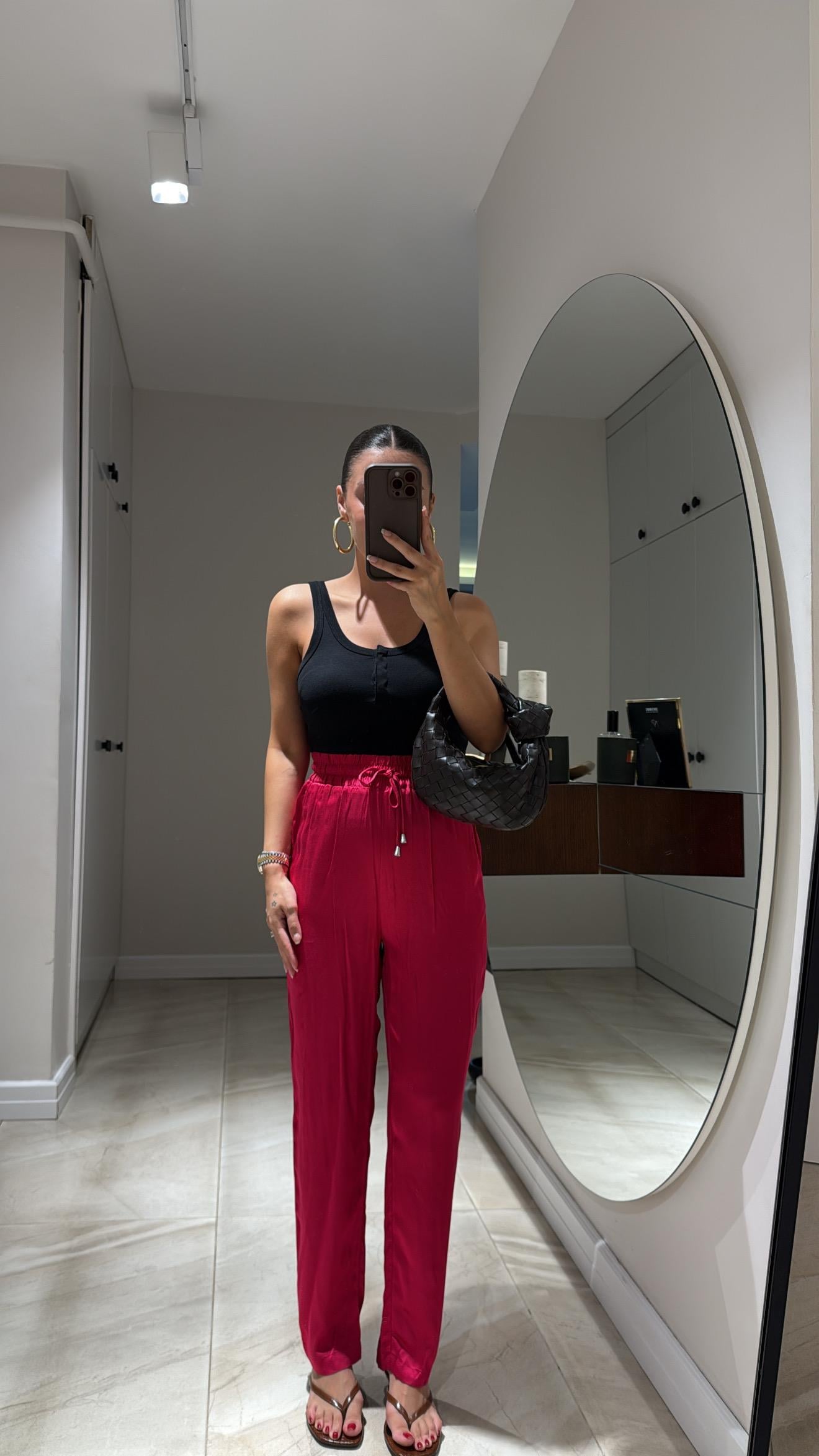 Fuşya Beli Lastikli Düz Paça Pantolon