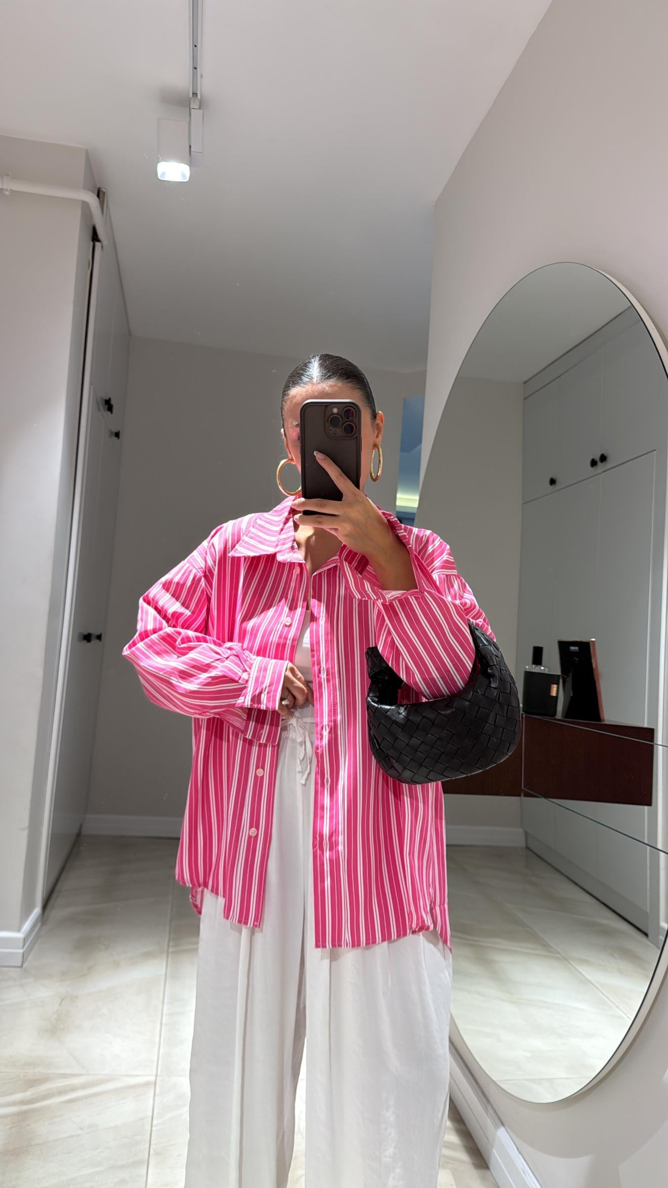 Fuşya Beyaz Çift Çizgili Oversize Gömlek 