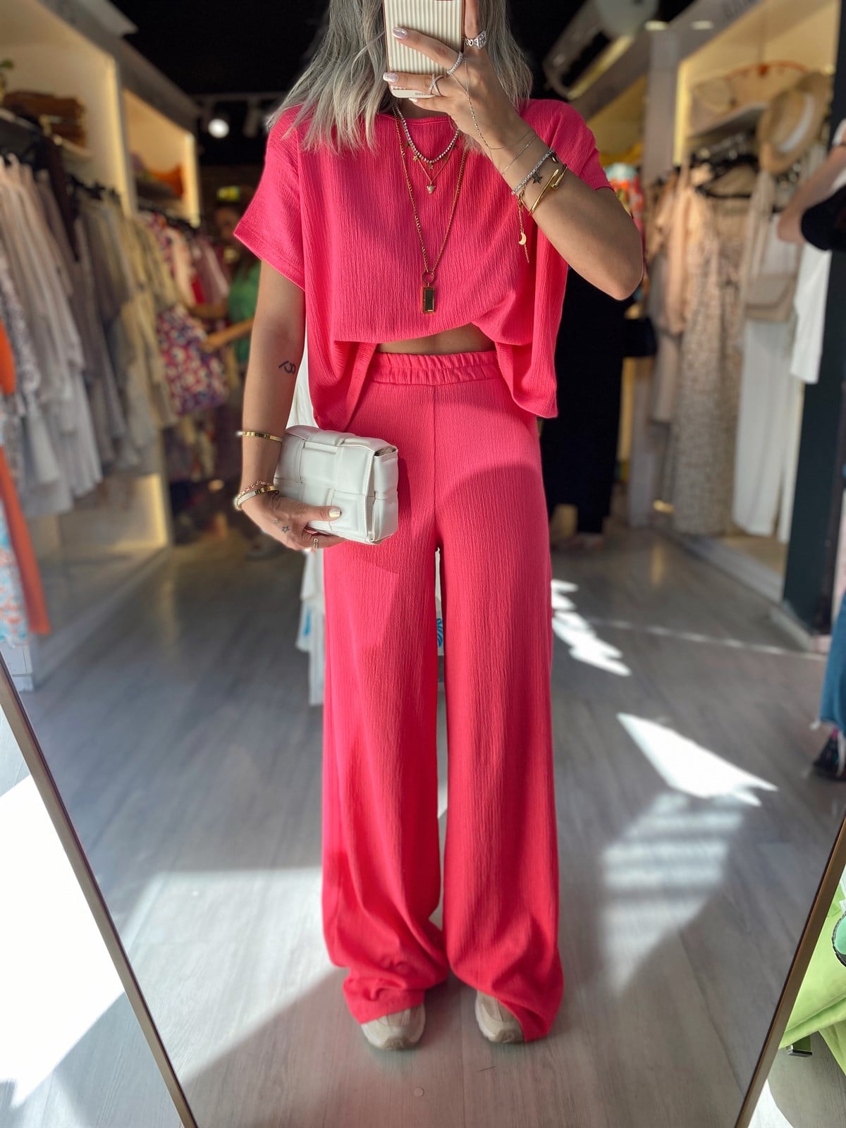 Fuşya Bisiklet Yaka Krinkıl Kumaş Crop Takım 