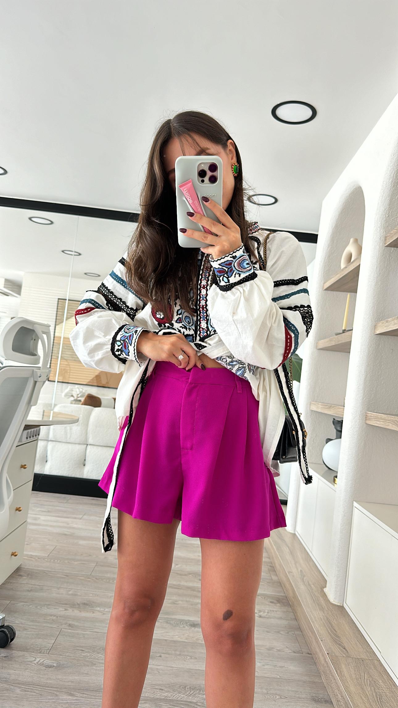 Fuşya Cep Detaylı Pileli Şort 