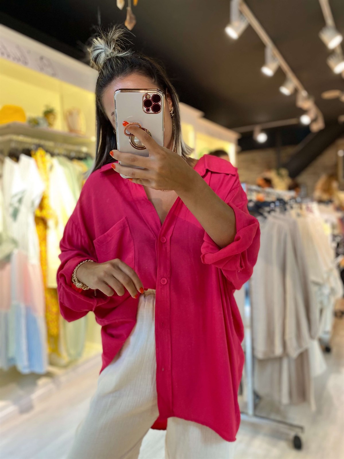 Fuşya Cepli Düşük Omuz Oversize Gömlek
