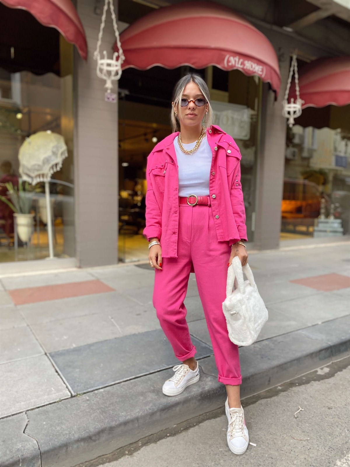 Fuşya Kemerli Gabardin Pantolon