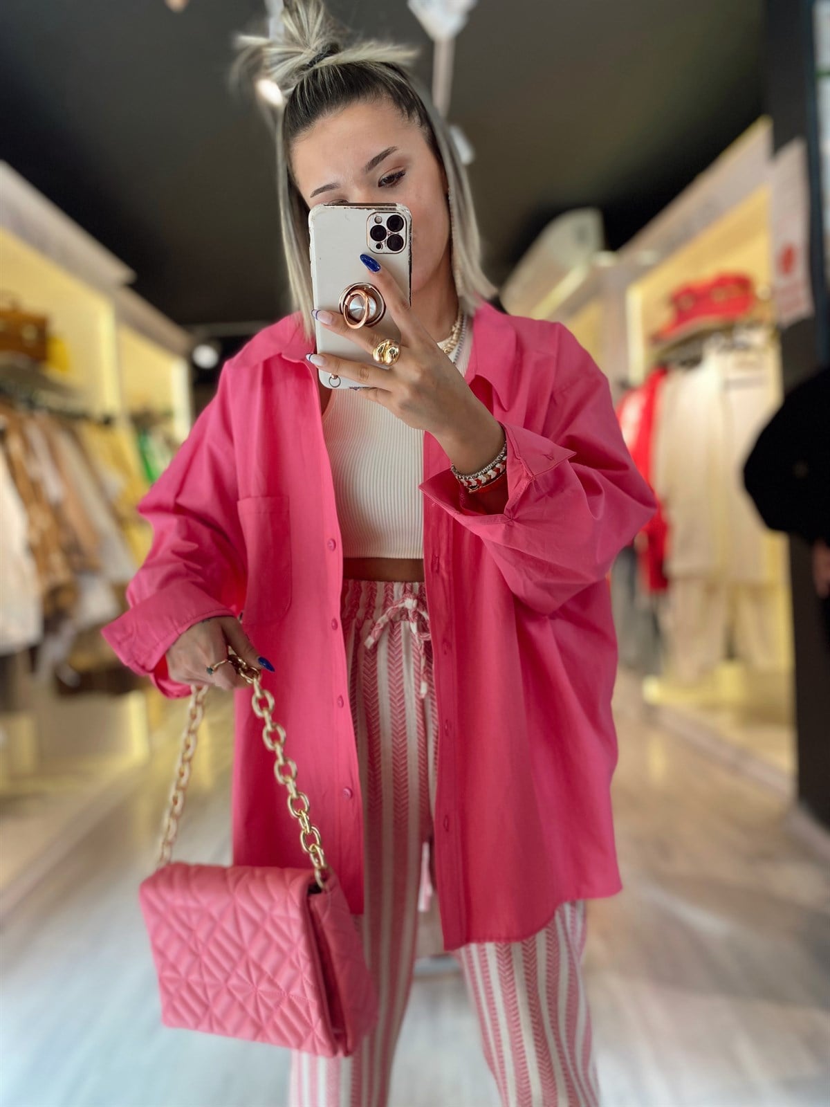 Fuşya Poplin Kumaş Düşük Omuzlu Oversize Gömlek