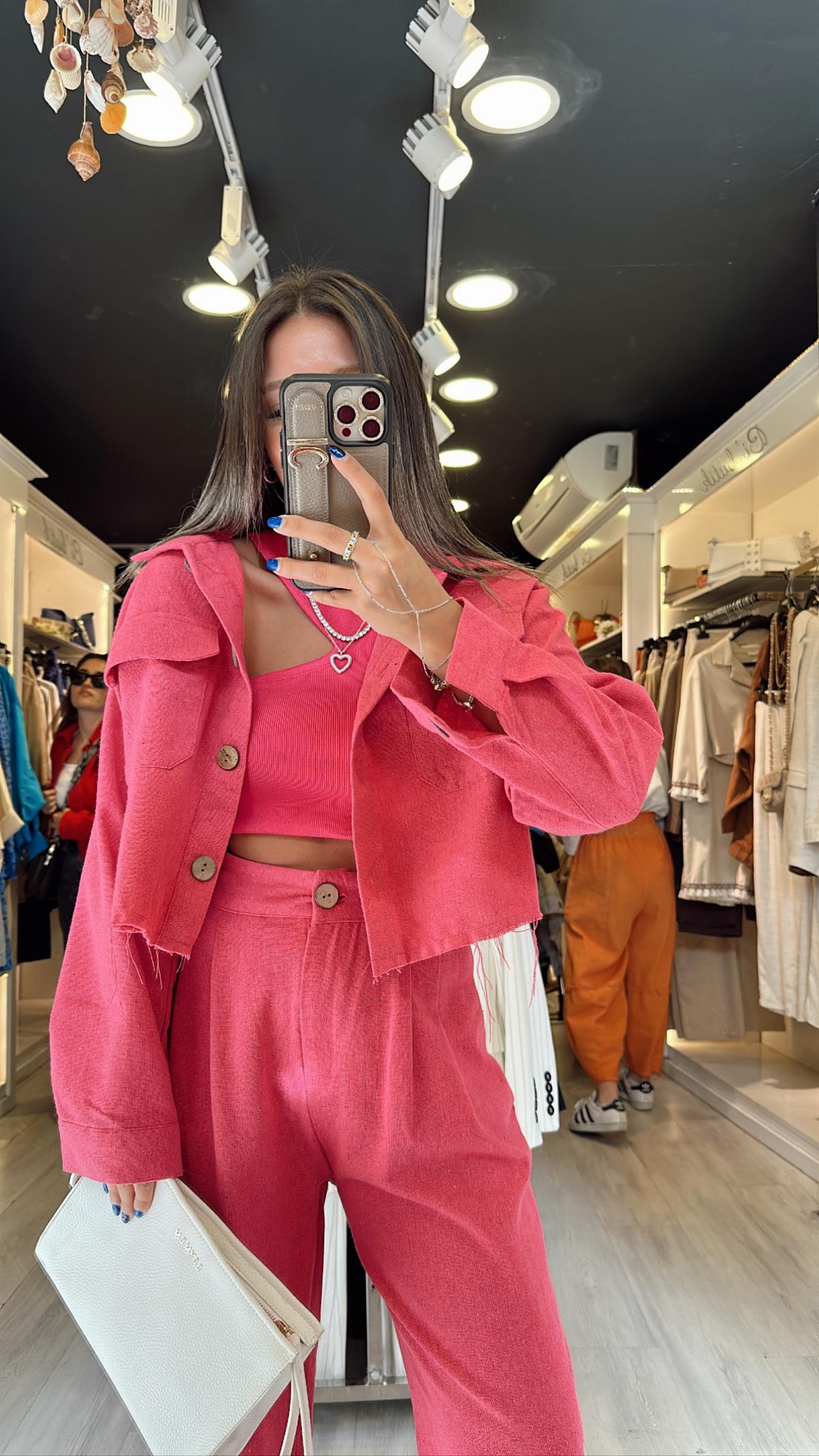 Fuşya Renk Crop Keten Takım