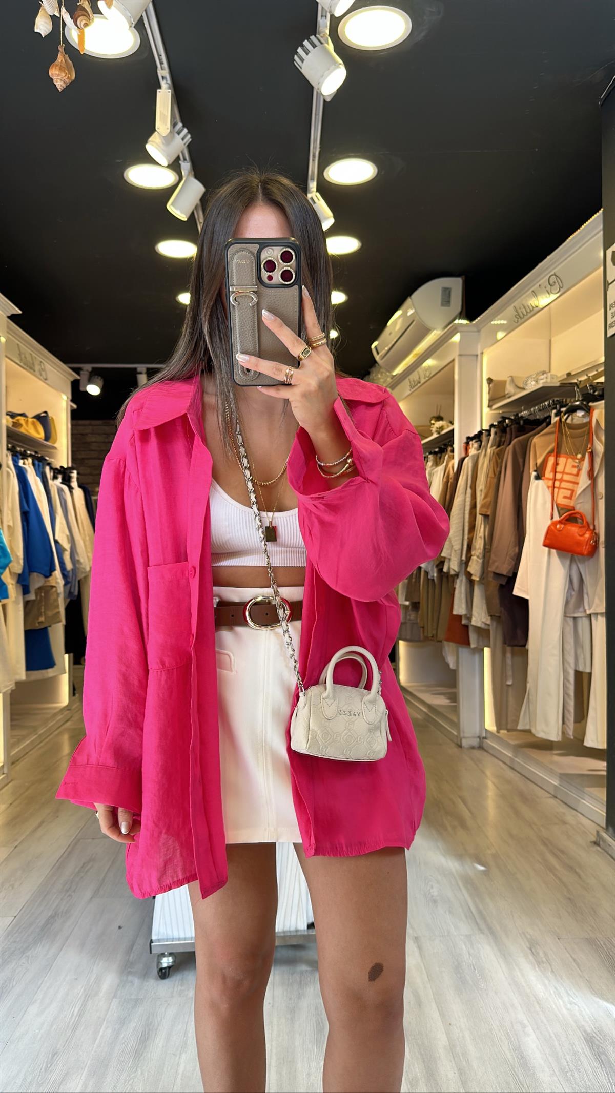 Fuşya Tensel Kumaş Düşük Omuzlu Oversize Gömlek