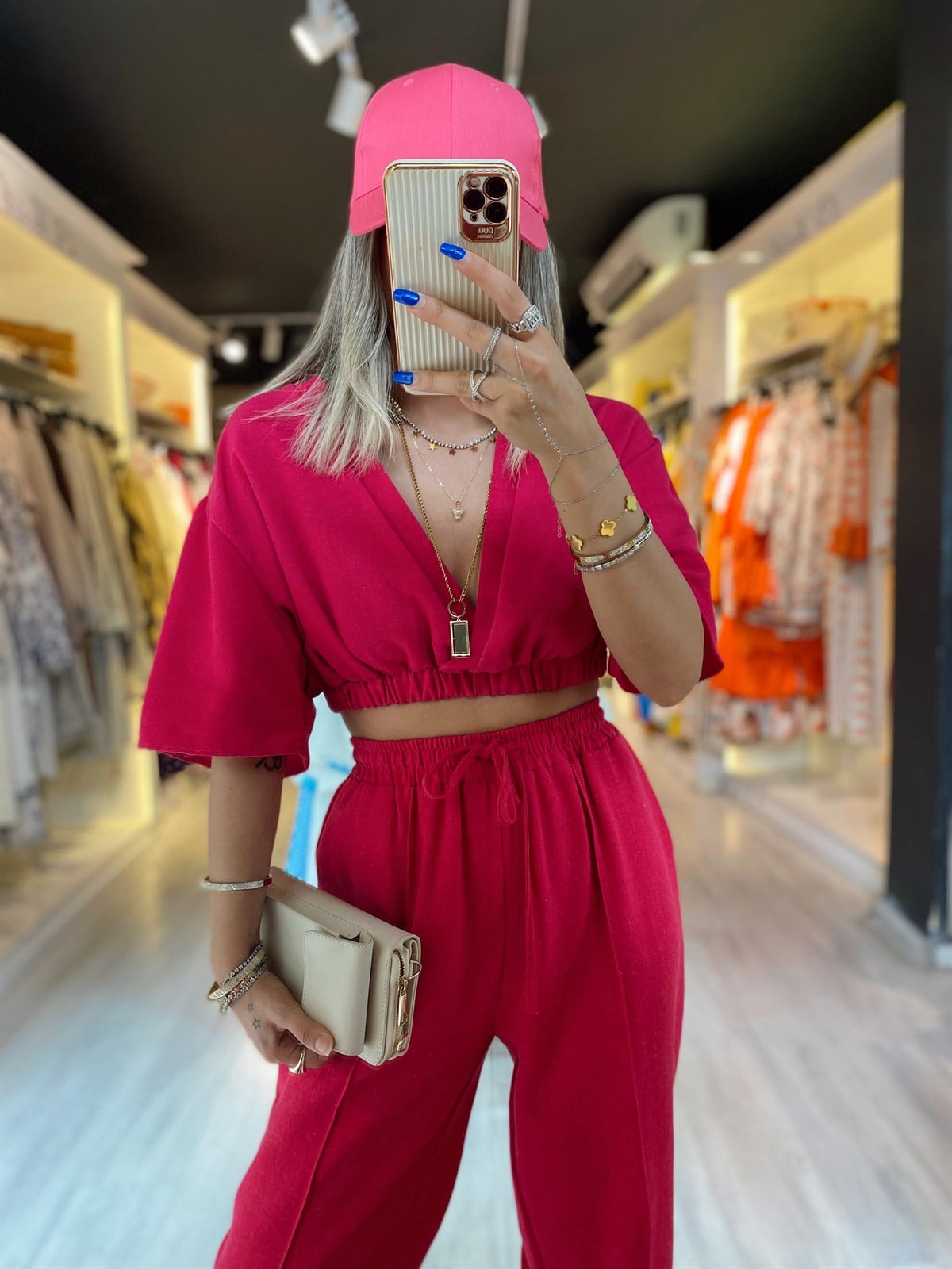 Fuşya V Yaka Beli Büzgülu Keten Crop Bluz 