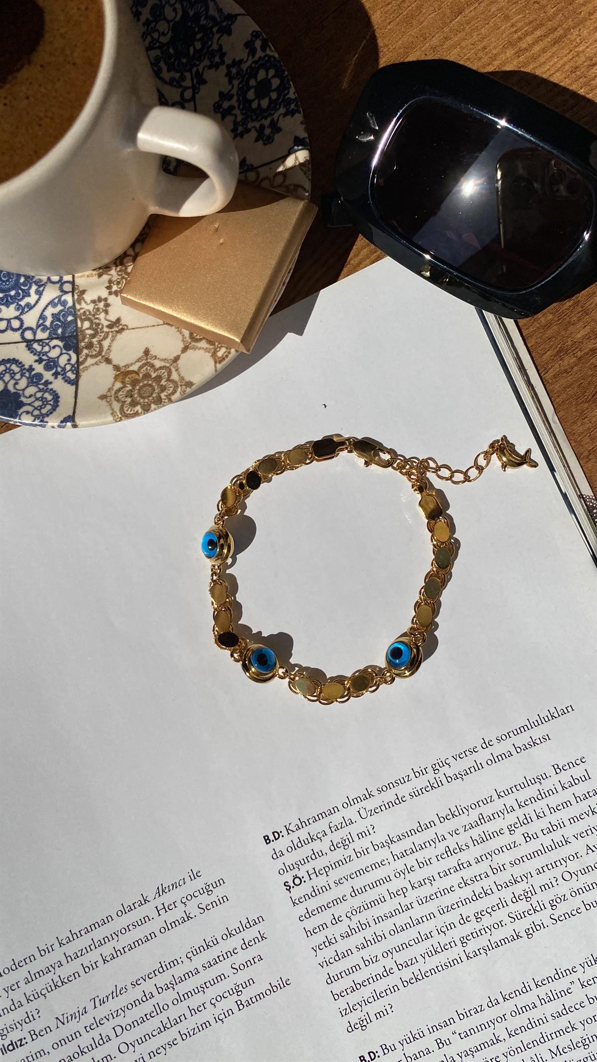 Gold Arpa Nazar Boncuklu Çelik Bileklik