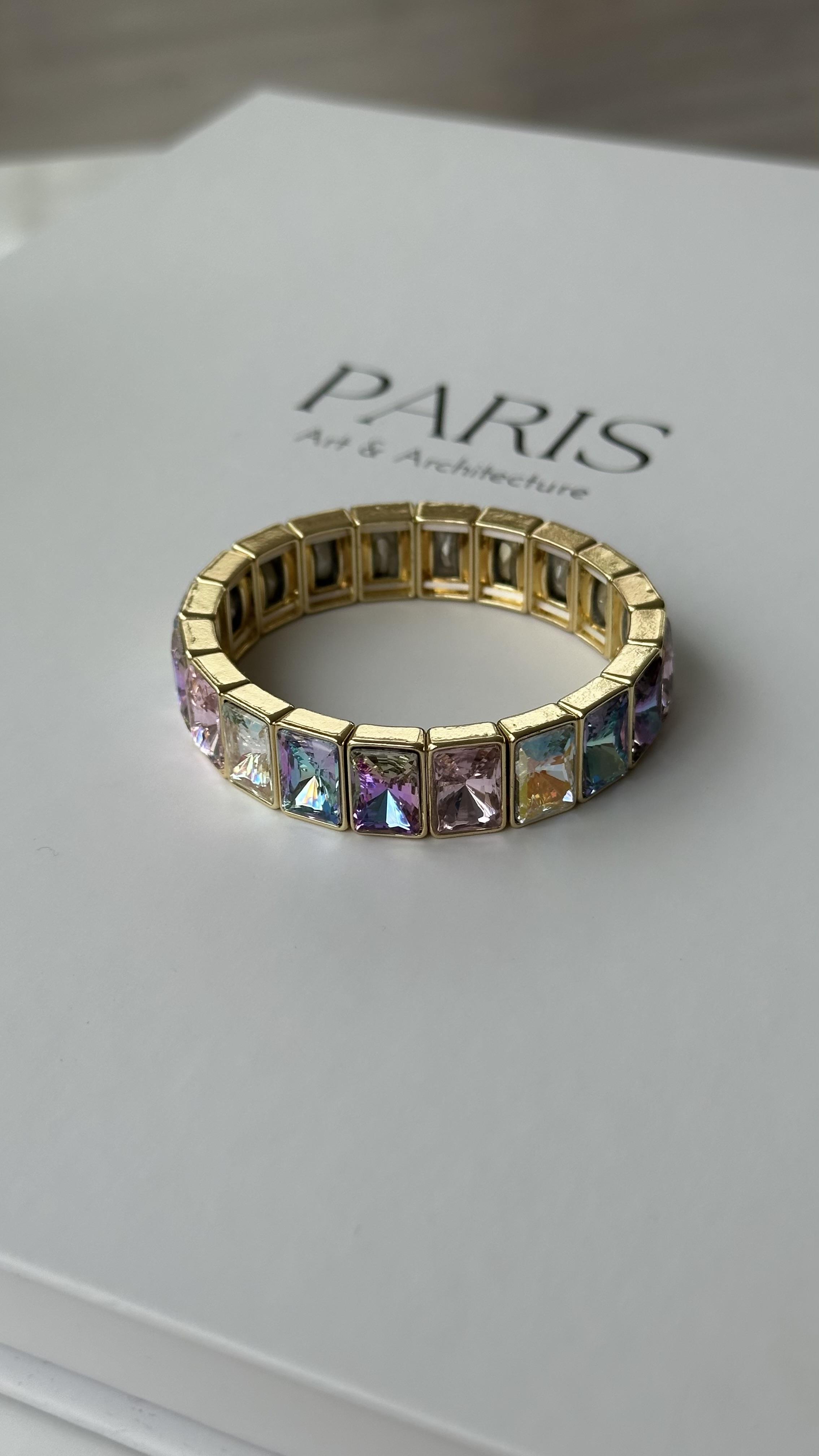 Gold Çok Renkli Dikdörtgen Taşlı Bileklik