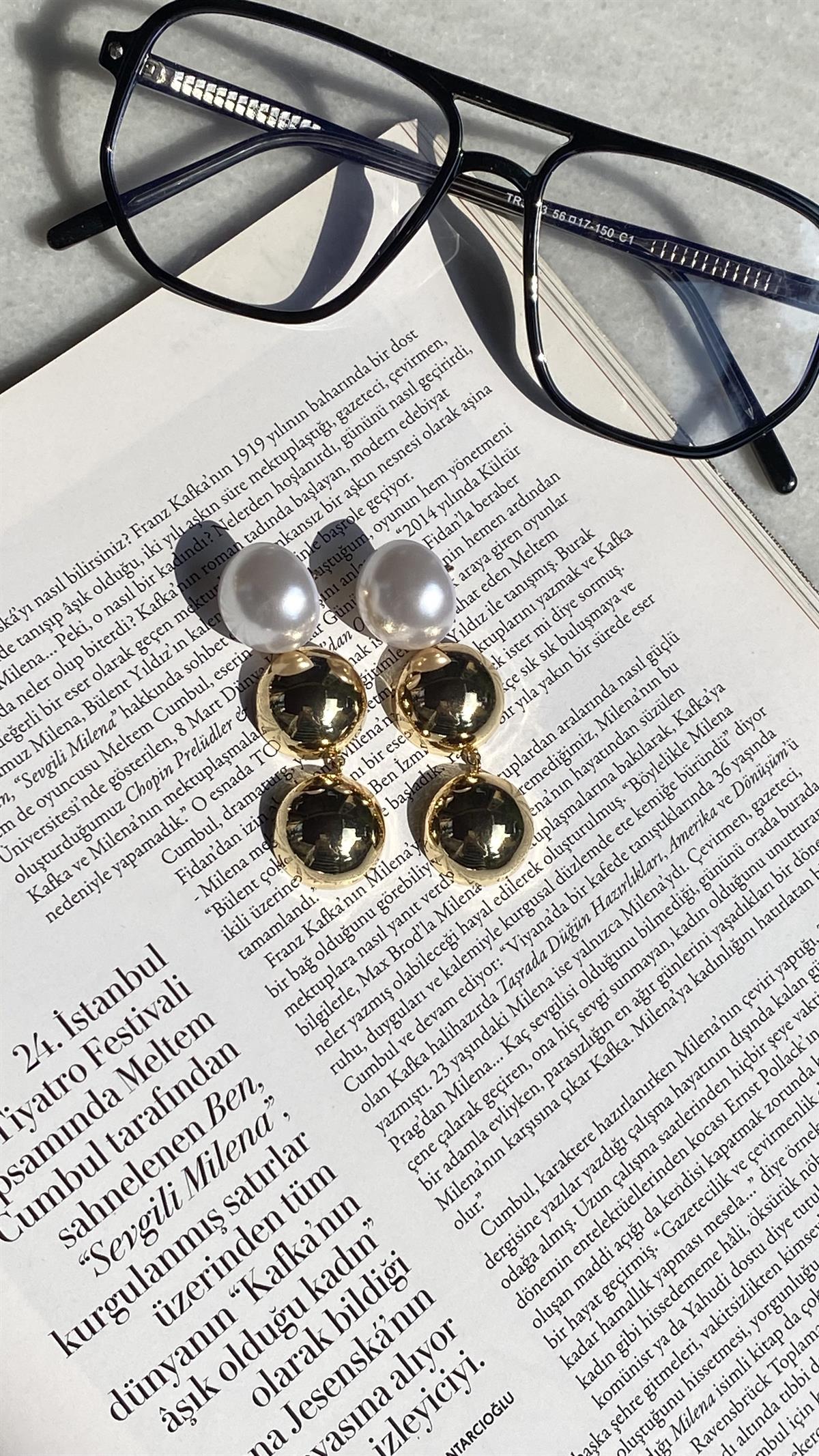 Gold İnci 3 Toplu Salkım Küpe 