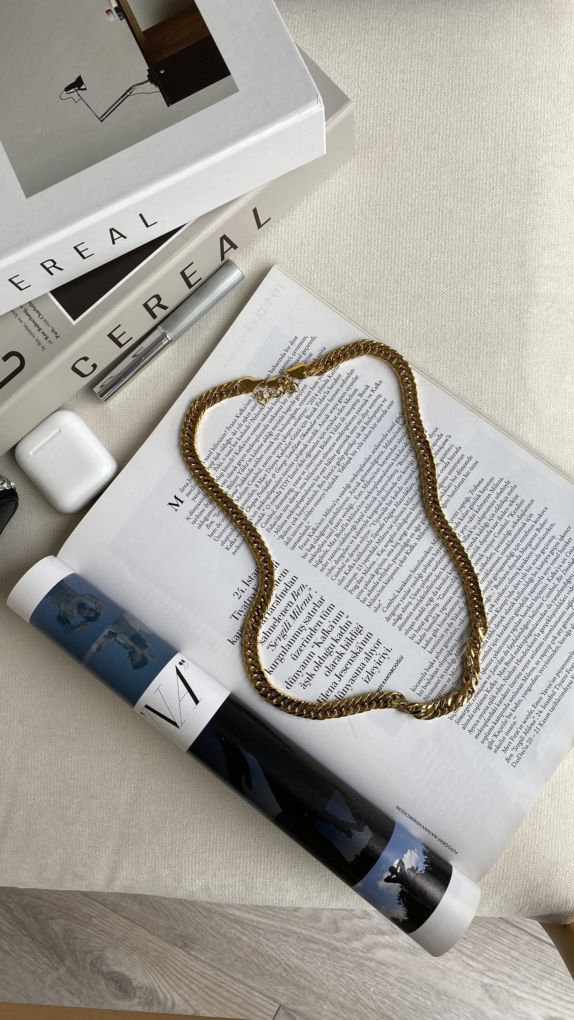 Gold Kalın Zincir Çelik Kolye cm