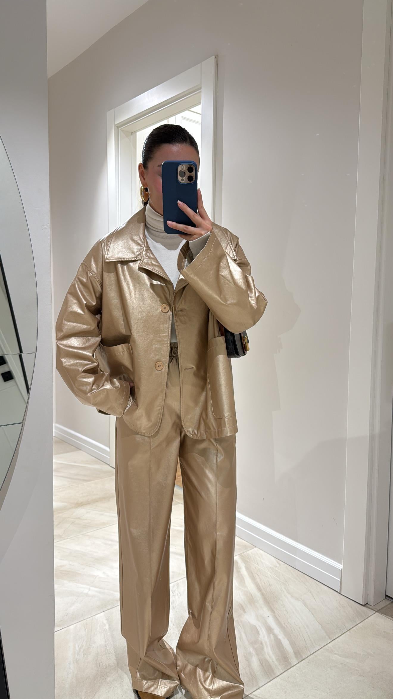 Gold Metalik Deri Ceket Takım 