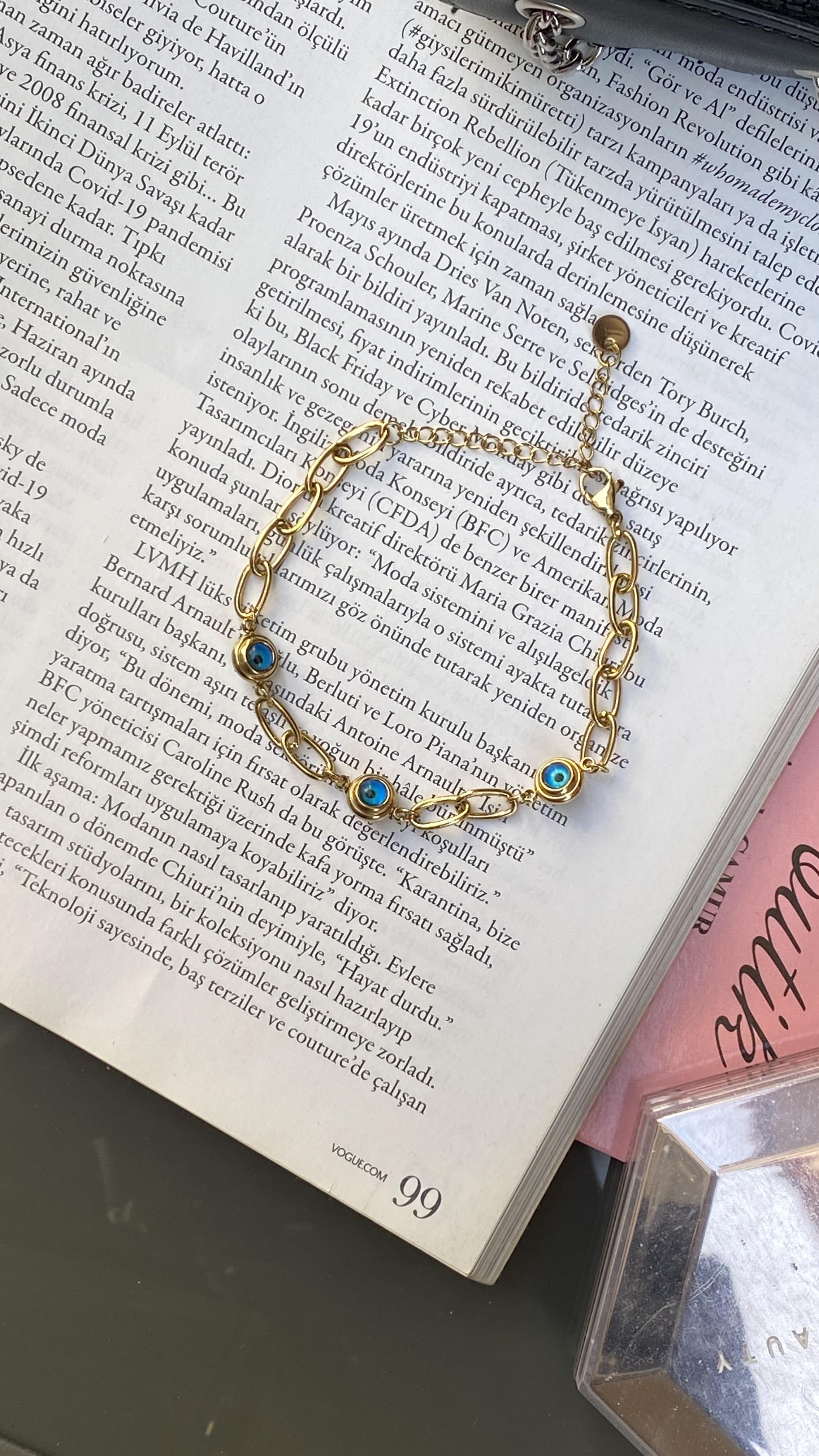 Gold Nazar Boncuklu Çelik Bileklik