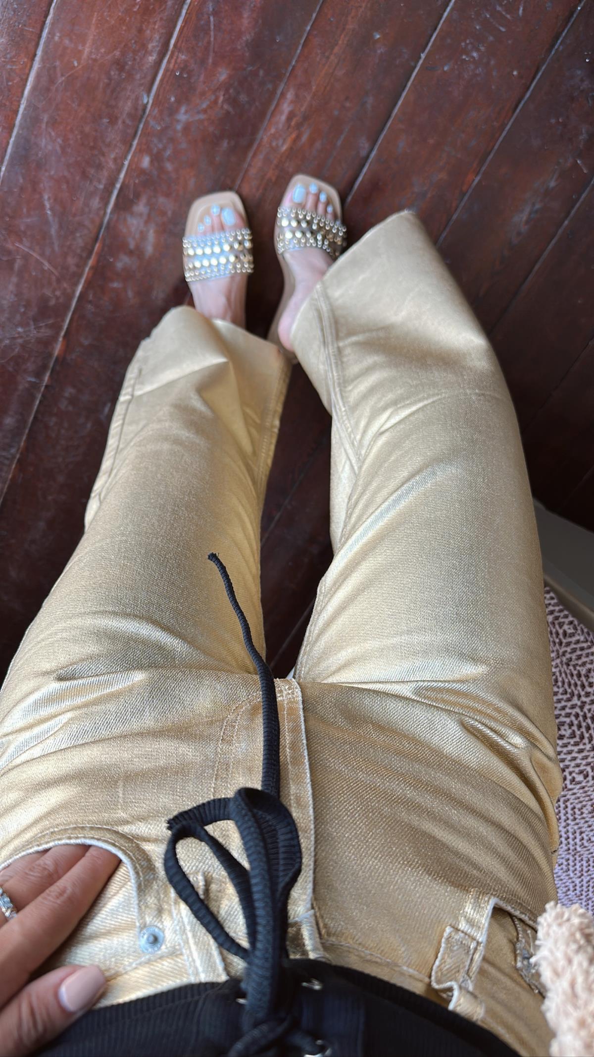 Gold Renk Simli Bol Paça Jean Pantolon 