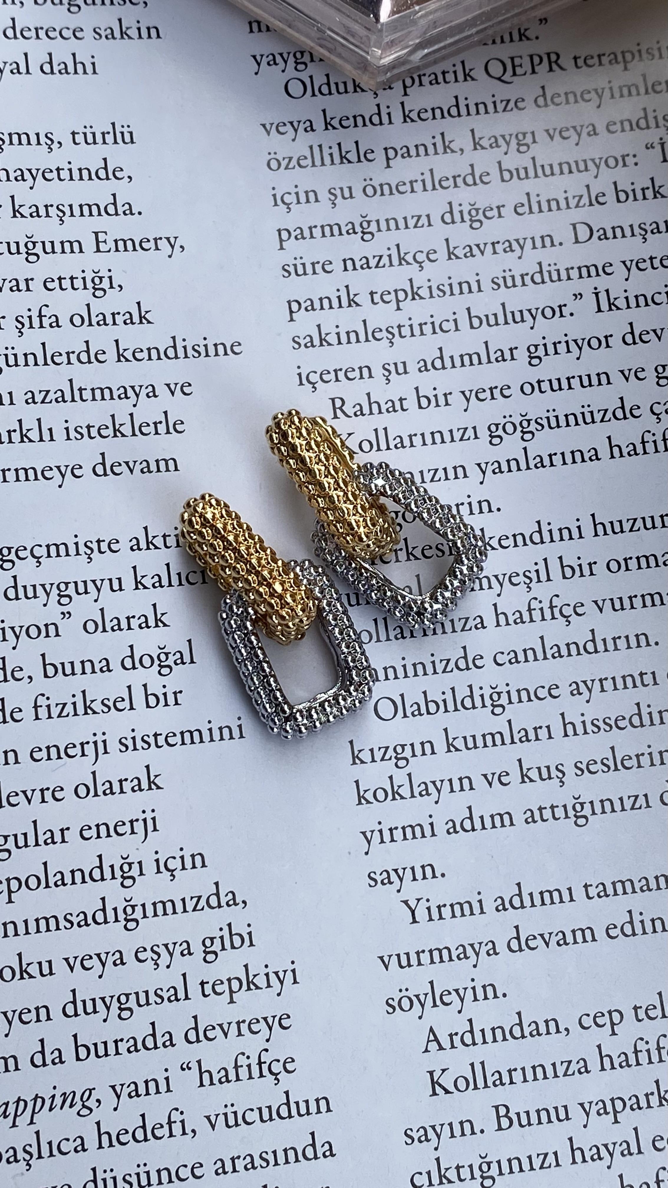 Gold Silver Dikdörtgen 2li Küpe