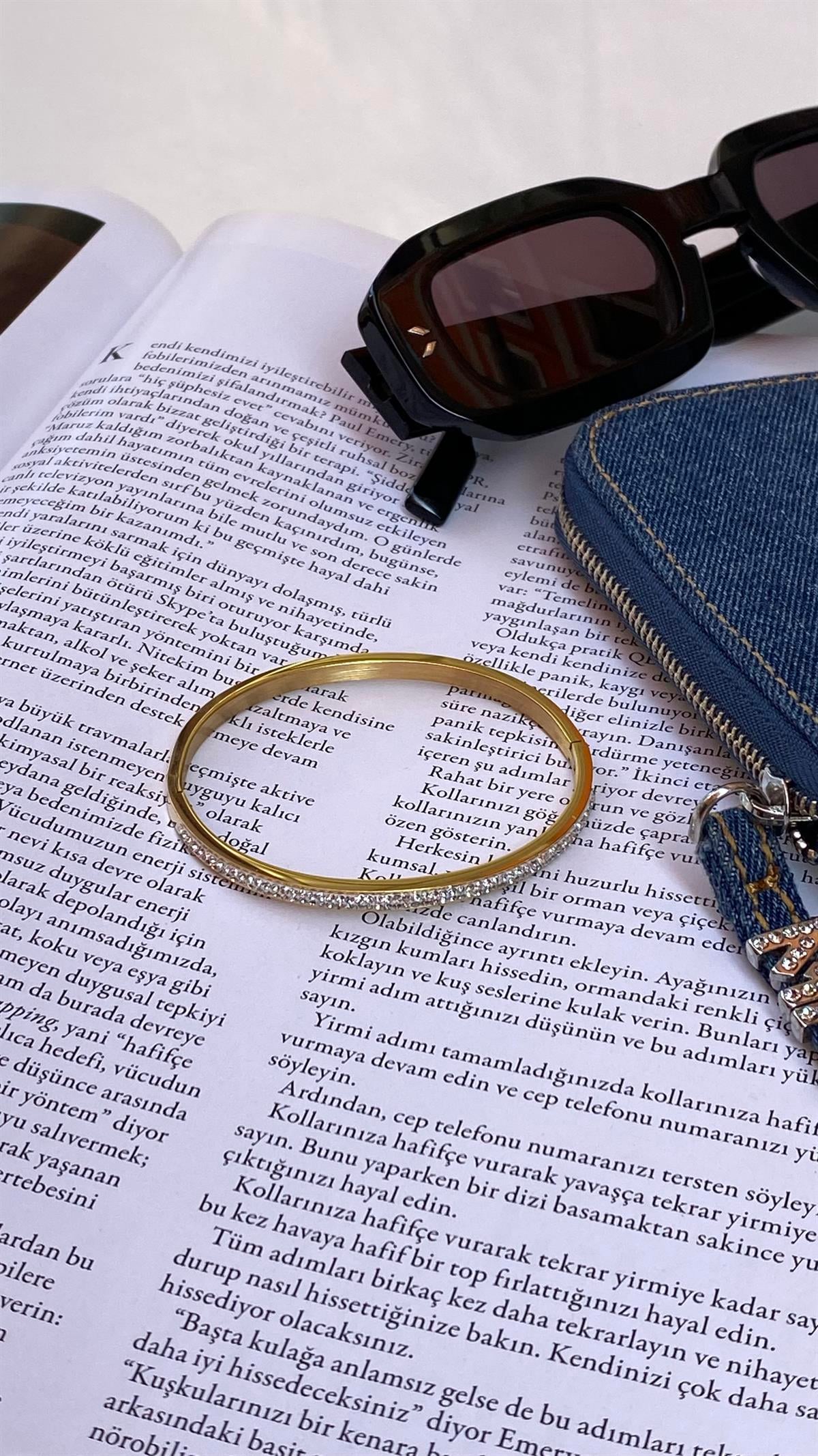 Gold Taşlı Kelepçe Çelik Bileklik