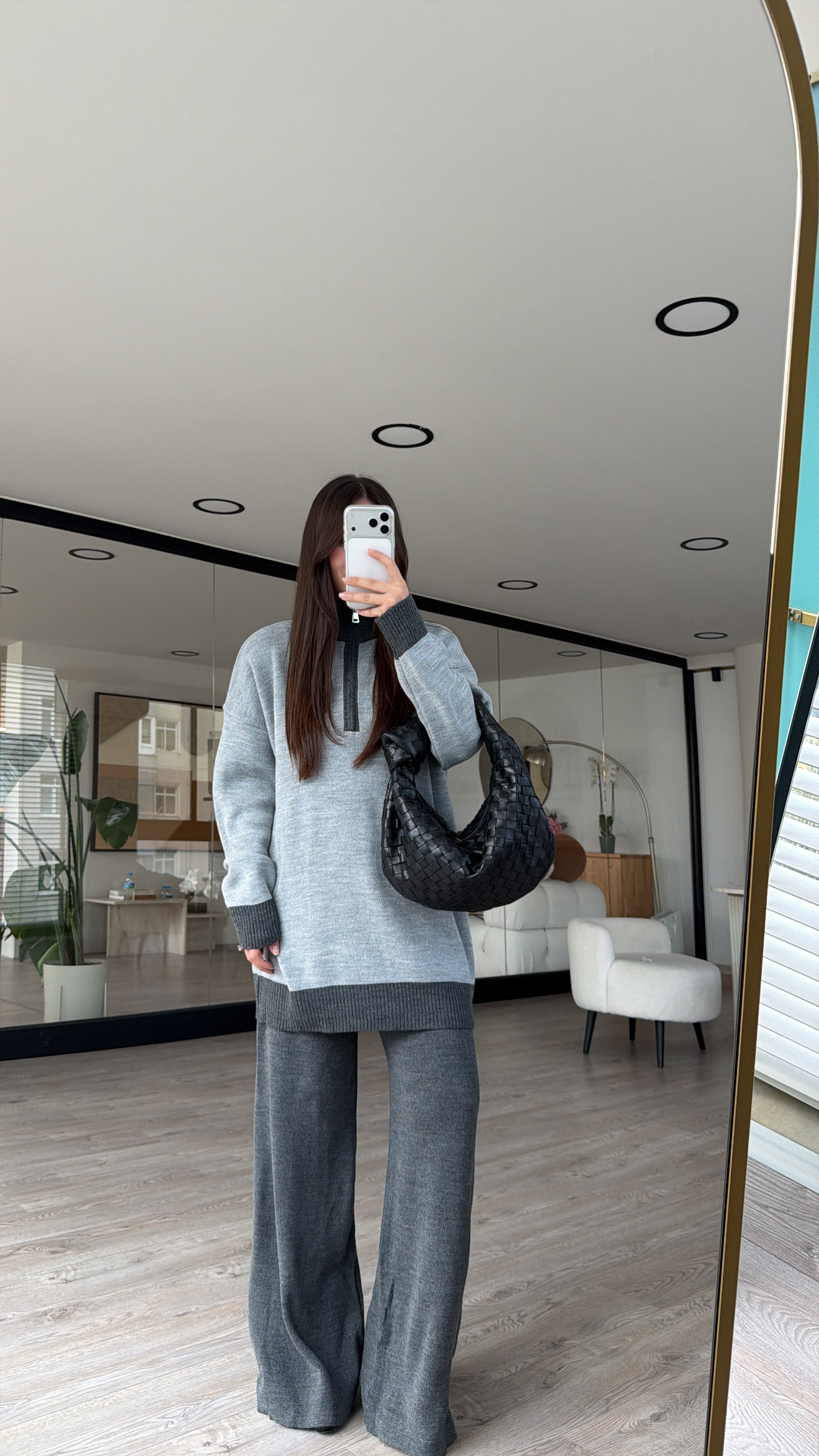 Gri Antrasit Ön Fermuarlı Triko Pantolon Takım