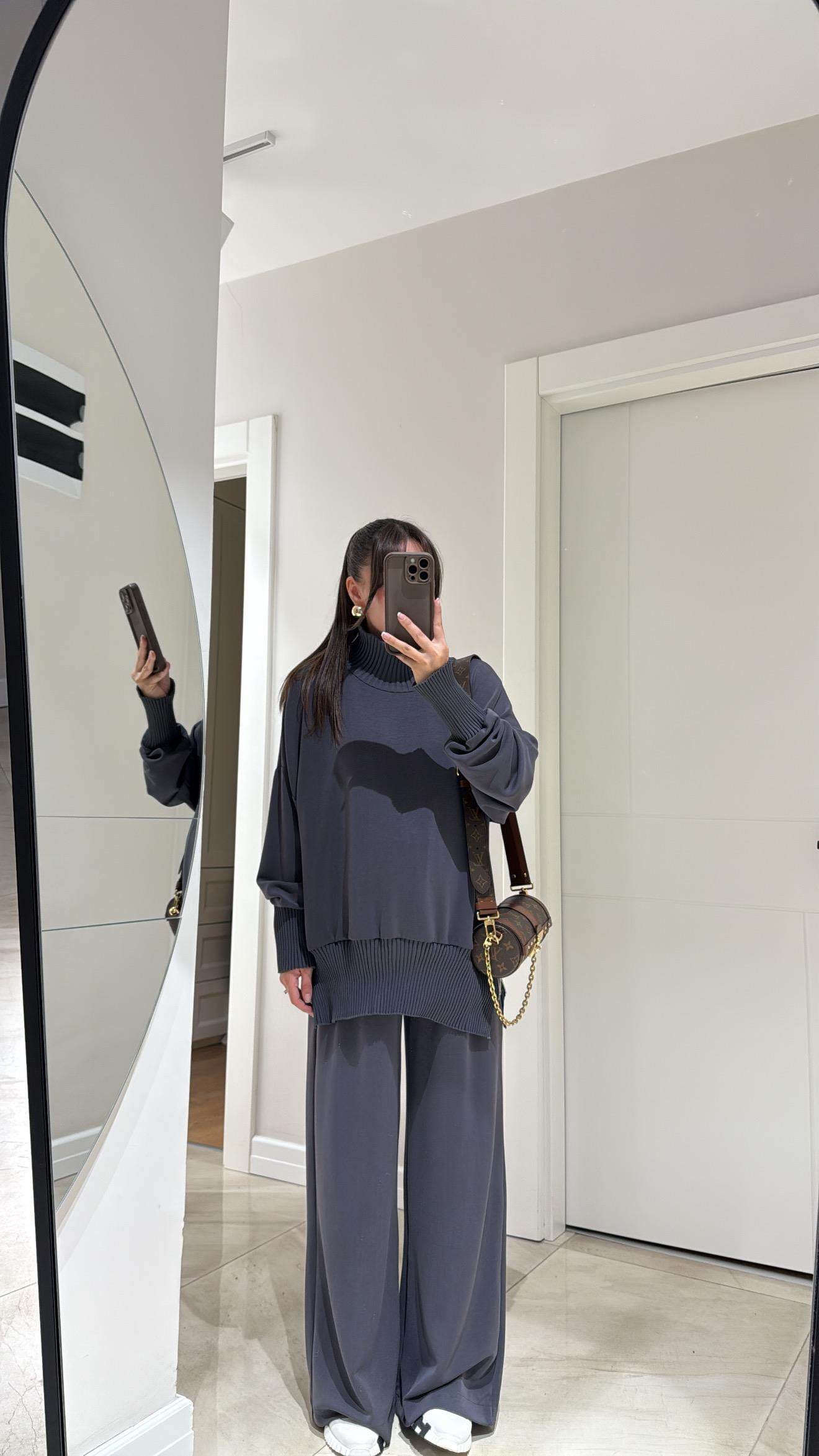 Gri Balıkçı Yaka Yan Fermuarlı Modal Takım