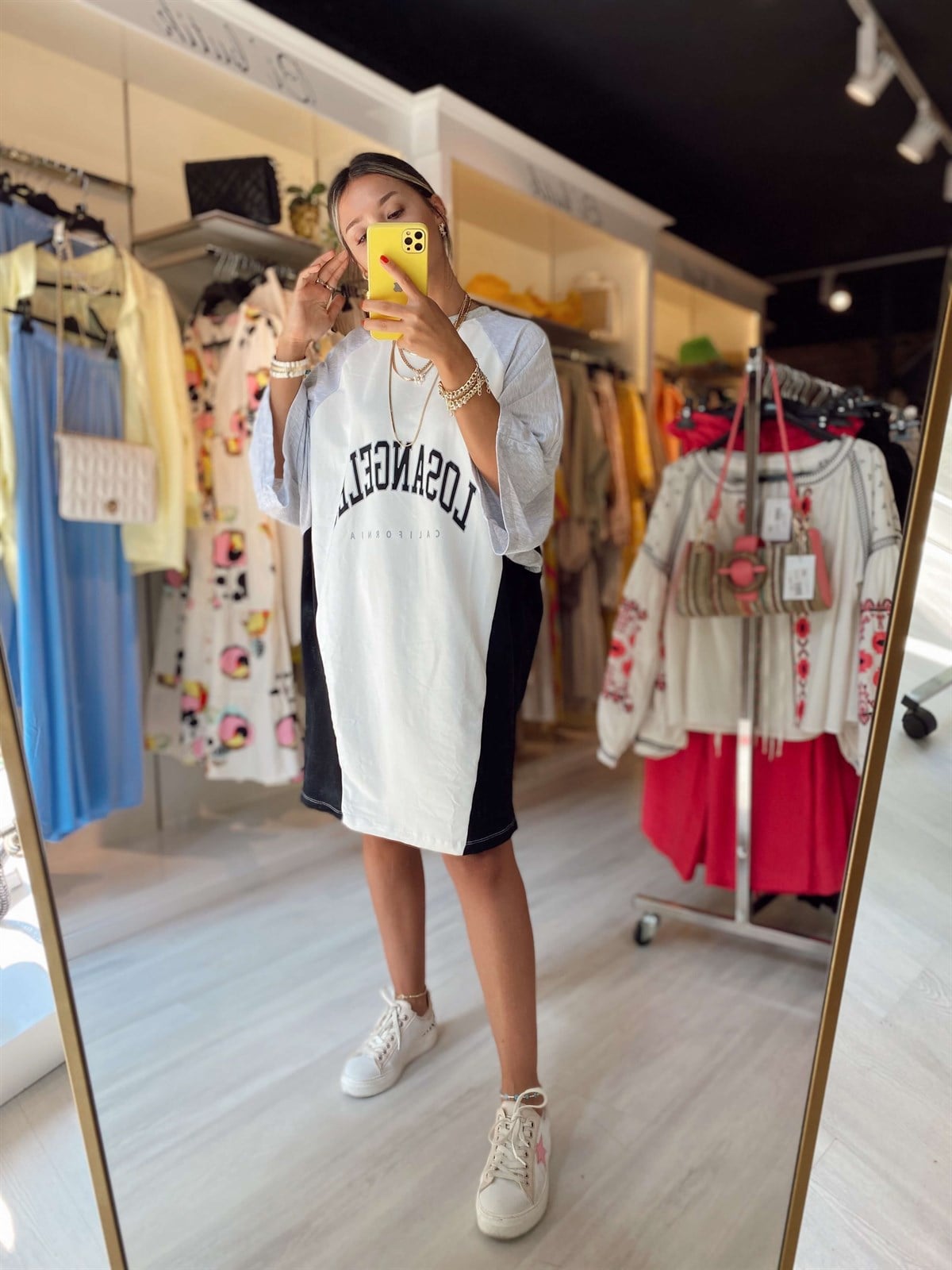 Gri Baskılı Oversize Penye Elbise