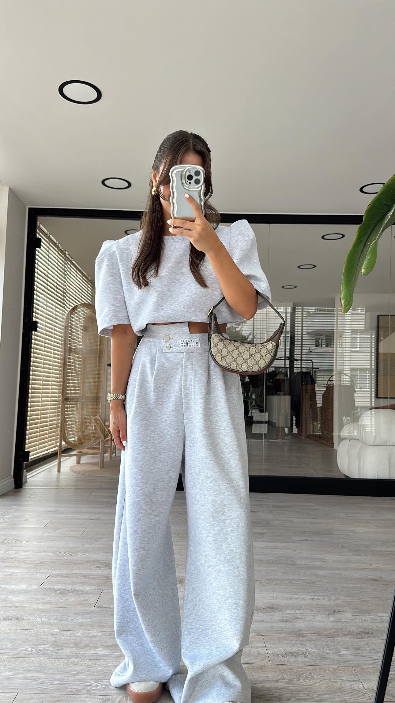 Gri Bel Çift Düğmeli Bol Paça Pantolon