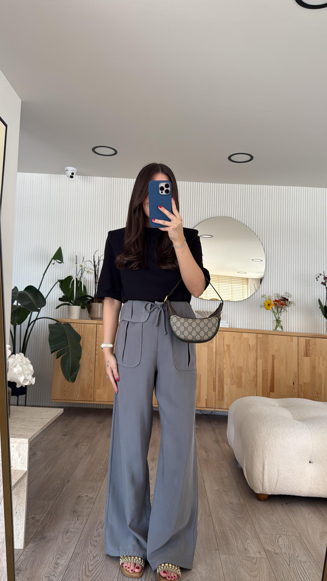 Gri Bel Detaylı Bağlamalı Bol Paça Ravi Pantolon