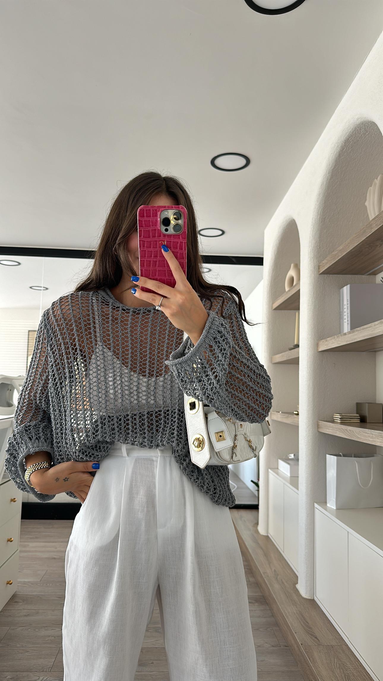 Gri Bisiklet Yaka Dilvin Ajurlu Kazak