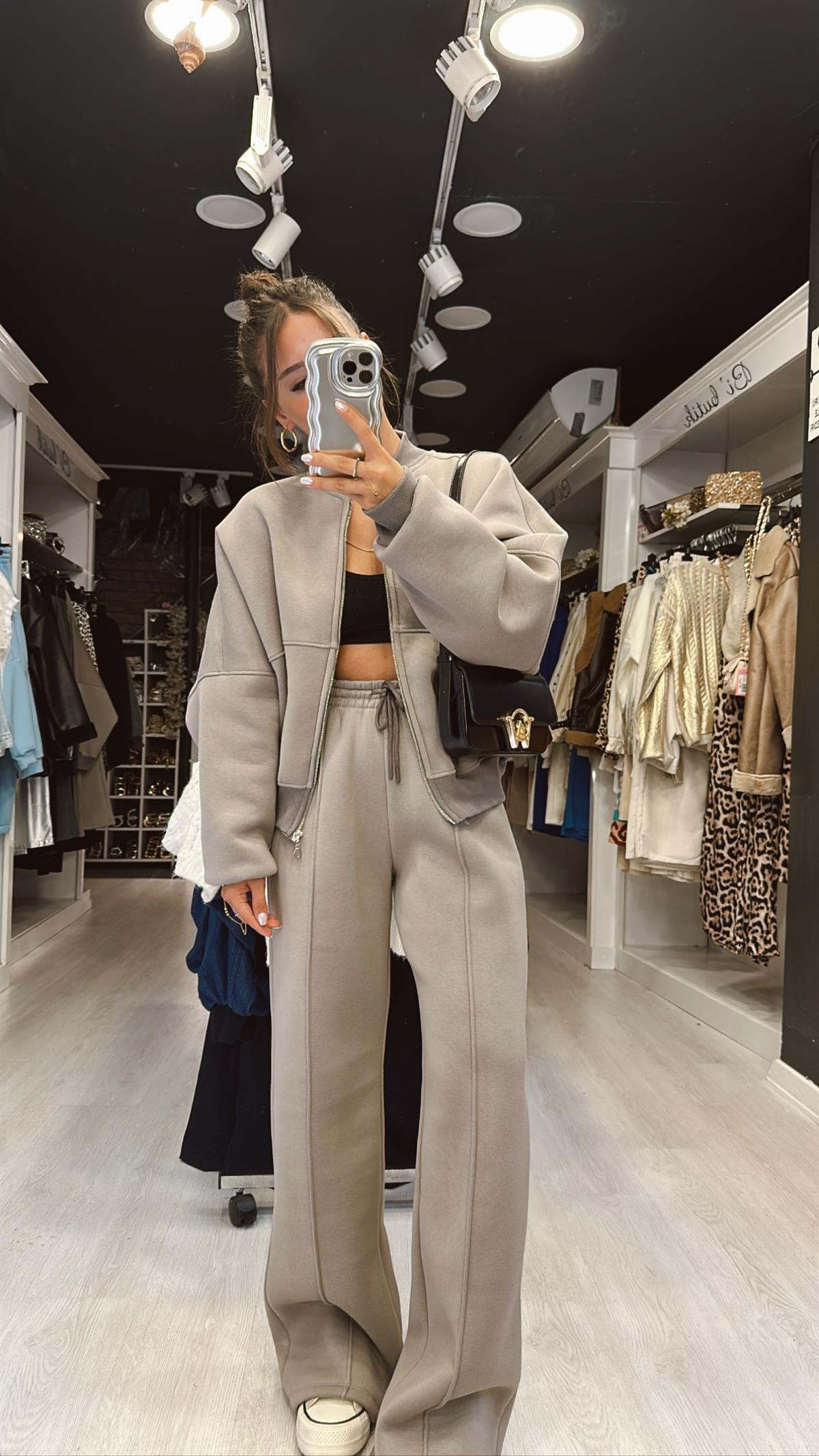 Gri Bisiklet Yaka Fermuarlı Sweat Takım