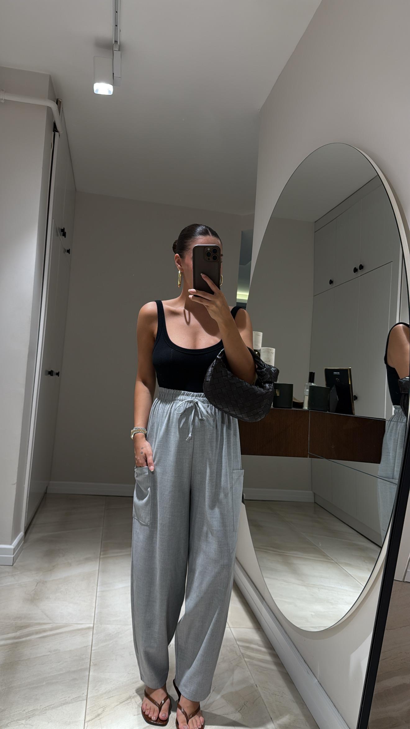 Gri Cep Detaylı Şalvar Pantolon