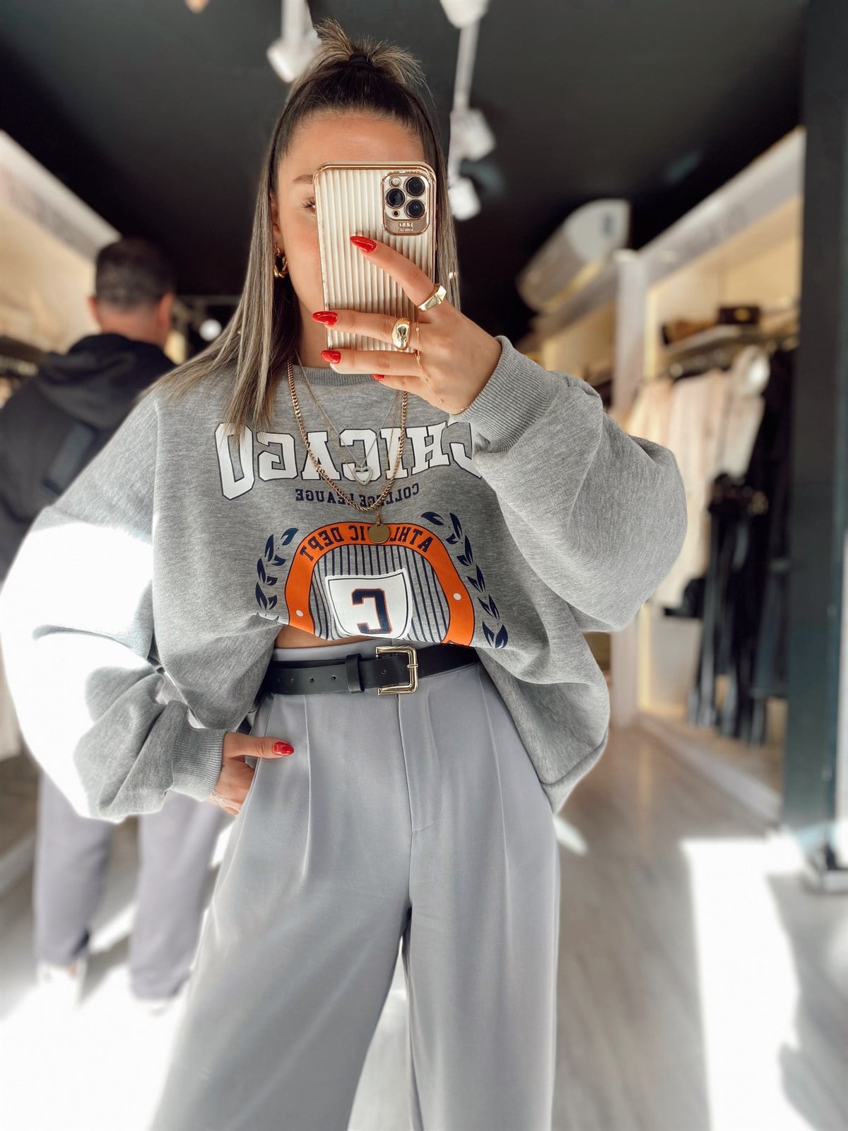 Gri Chicago Baskılı Oversize Sweat