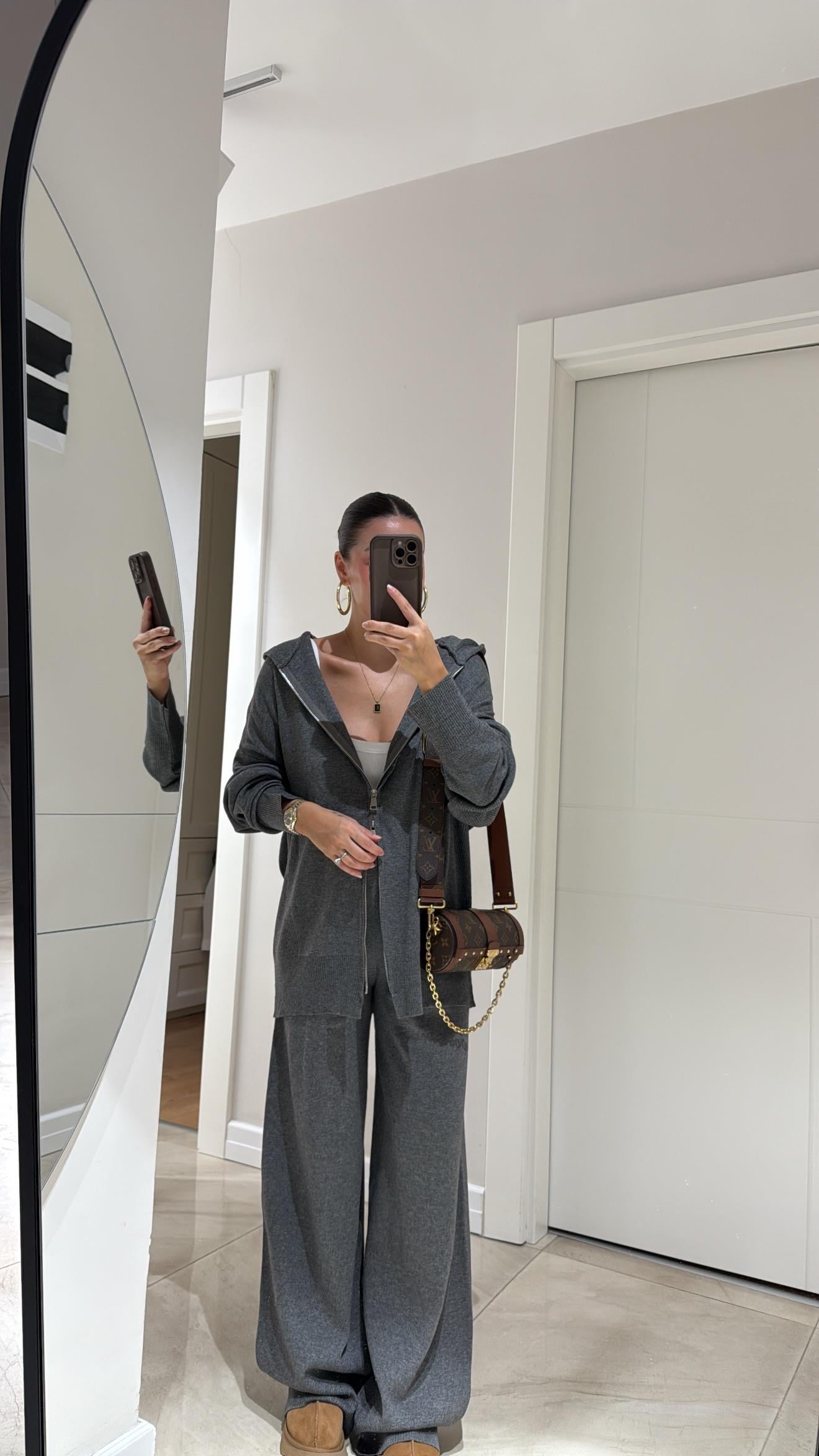 Gri Çift Fermuarlı Kapüşonlu Triko Pantolon Takım