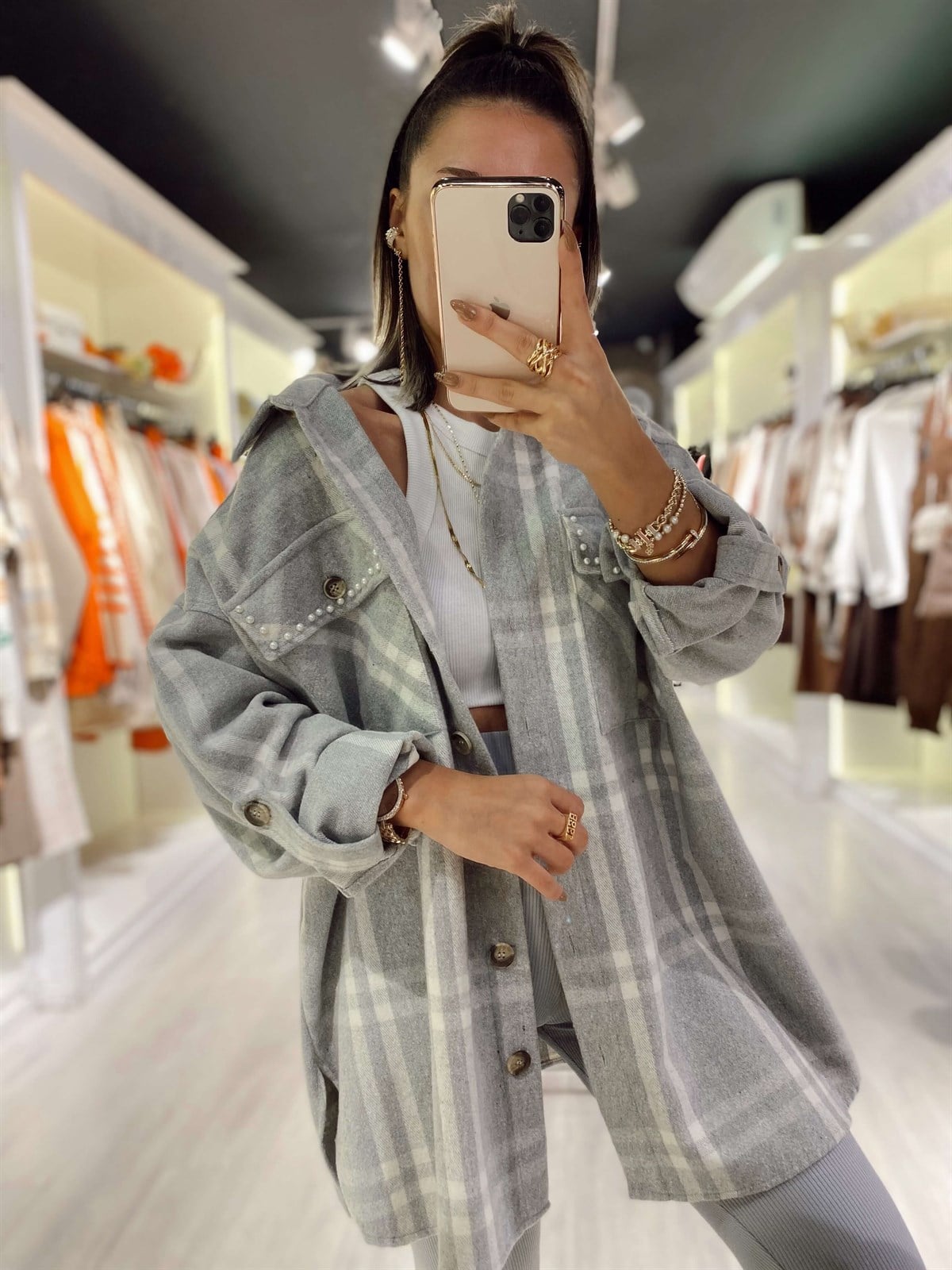 Gri Ekru İnci İşlemeli Ekose Gömlek Ceket