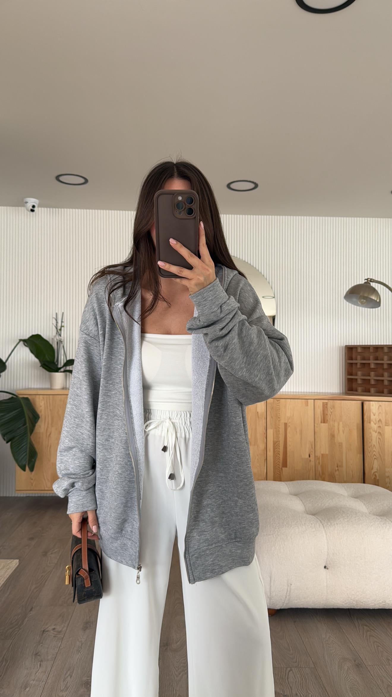 Gri Fermuarlı Kapşonlu Oversize Sweat 