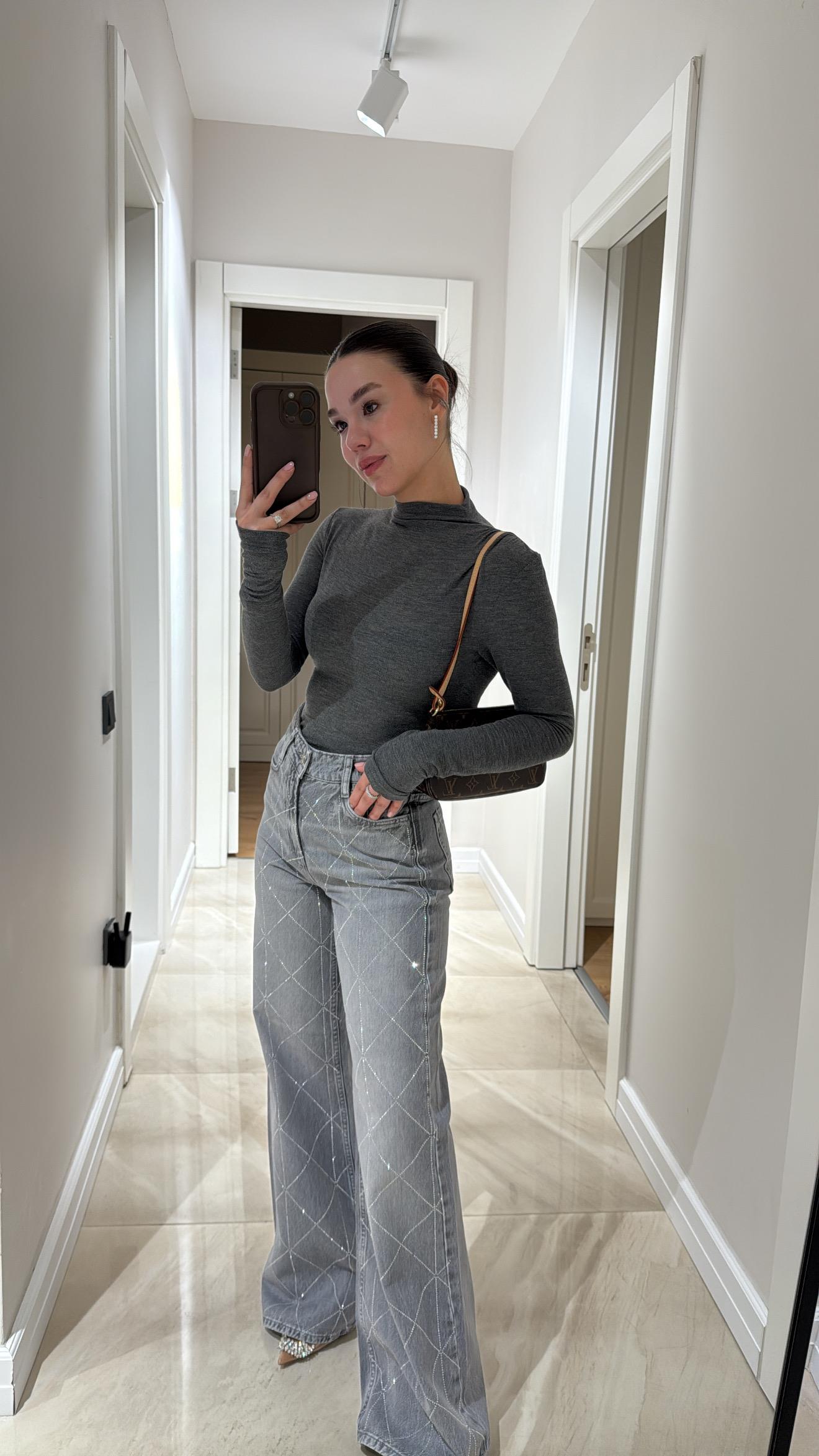 Gri Geometrik Taşlı Bol Paça Marka Model Jean