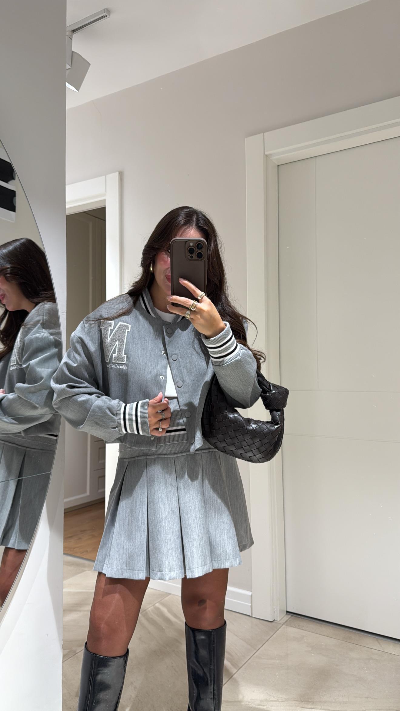 Gri Harf Nakışlı Ribanalı Bomber Ceket