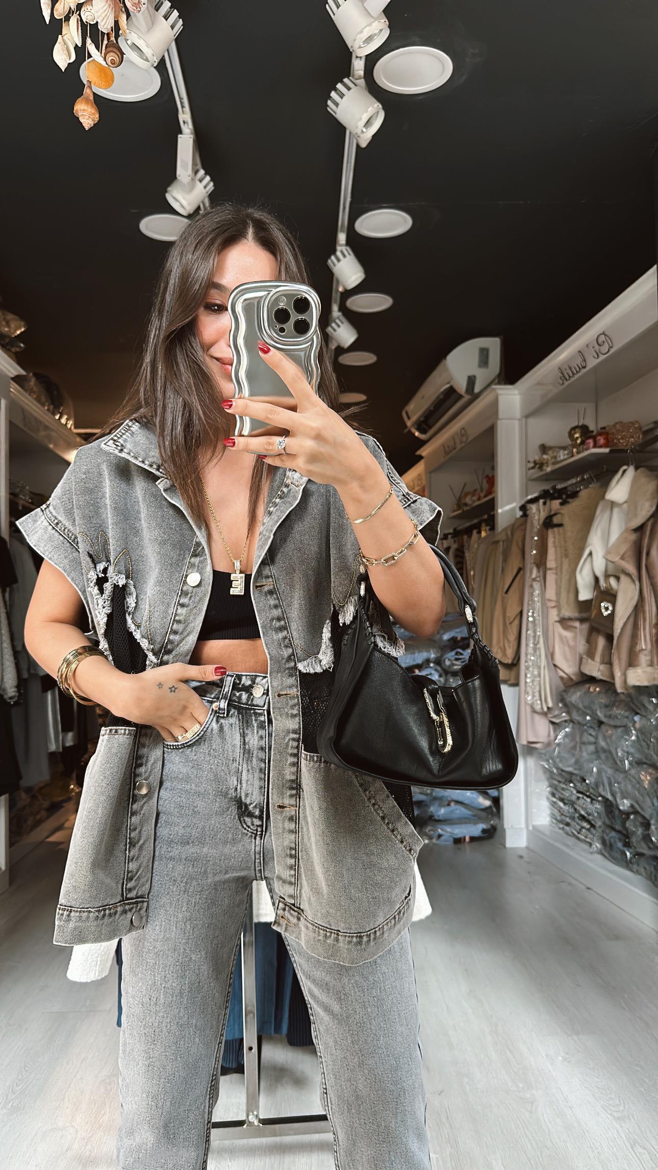 Gri Jean Detaylı File Yelek