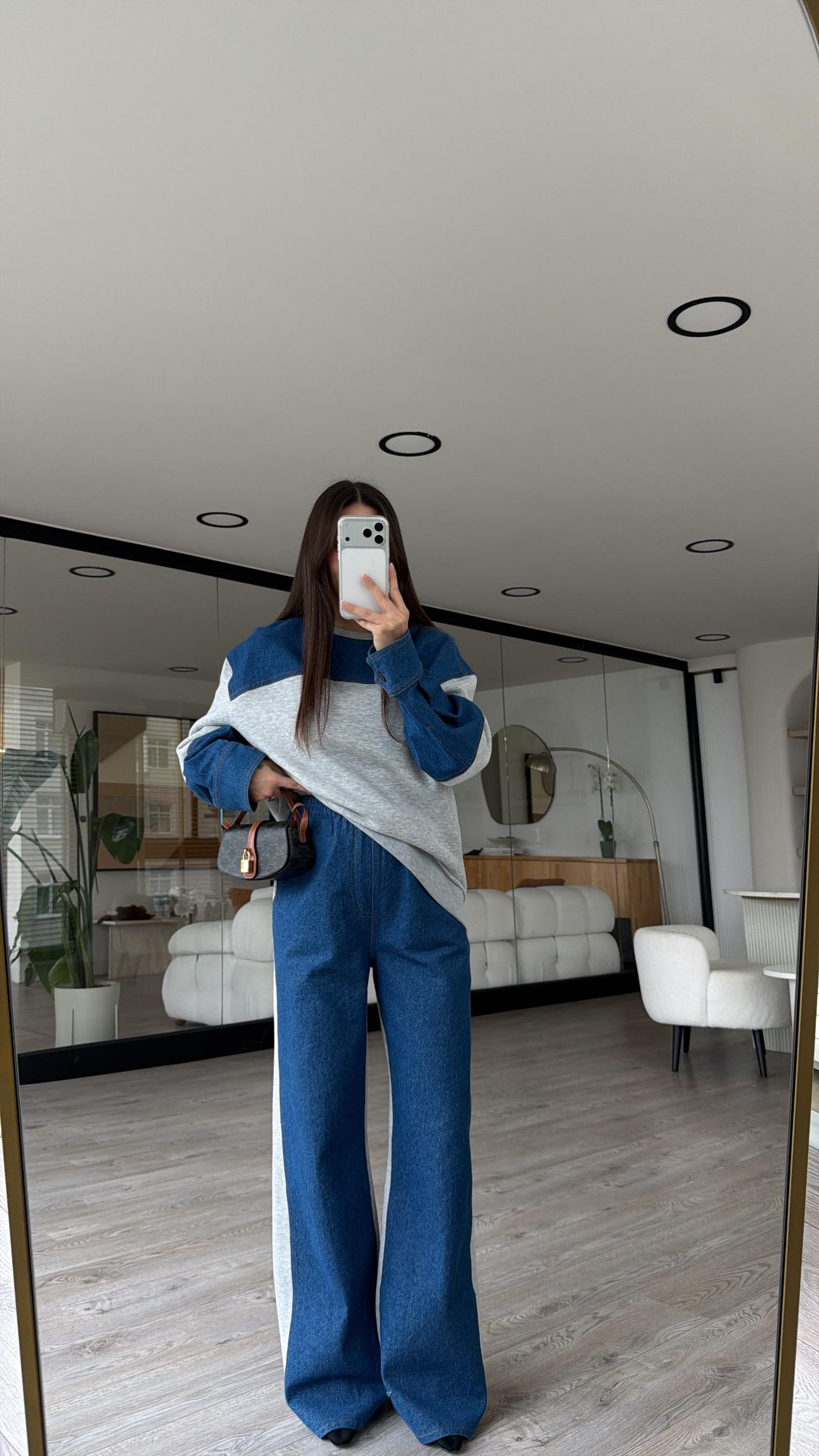 Gri Jean Detaylı Şardonlu Pantolon
