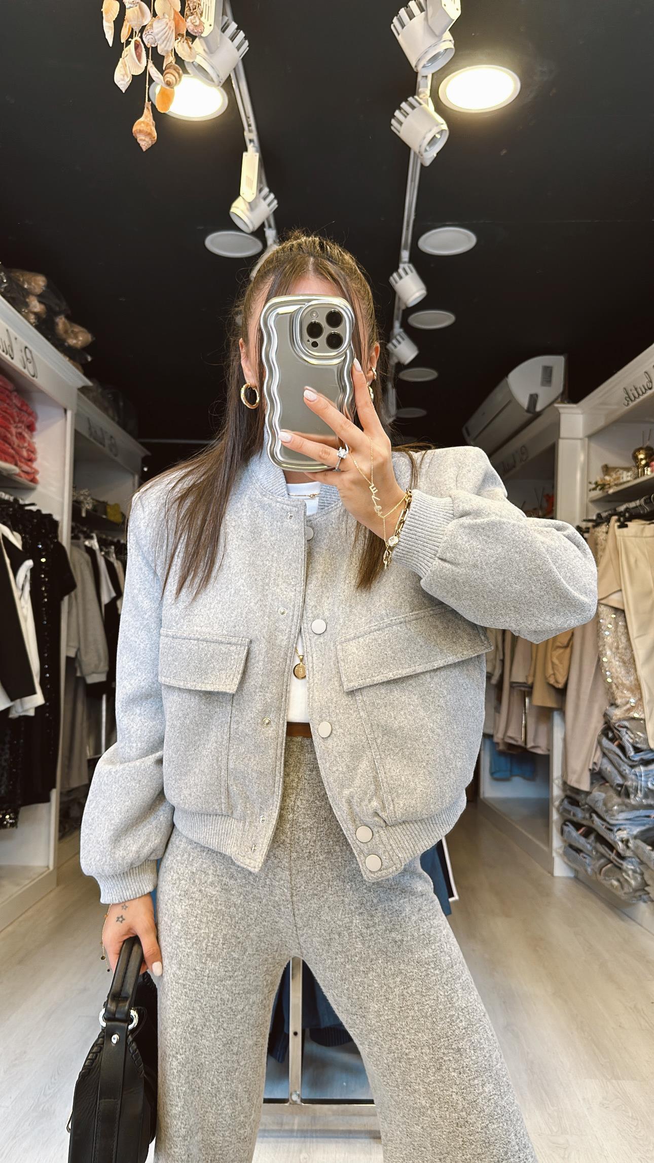 Gri Kaşe Bomber Ceket 