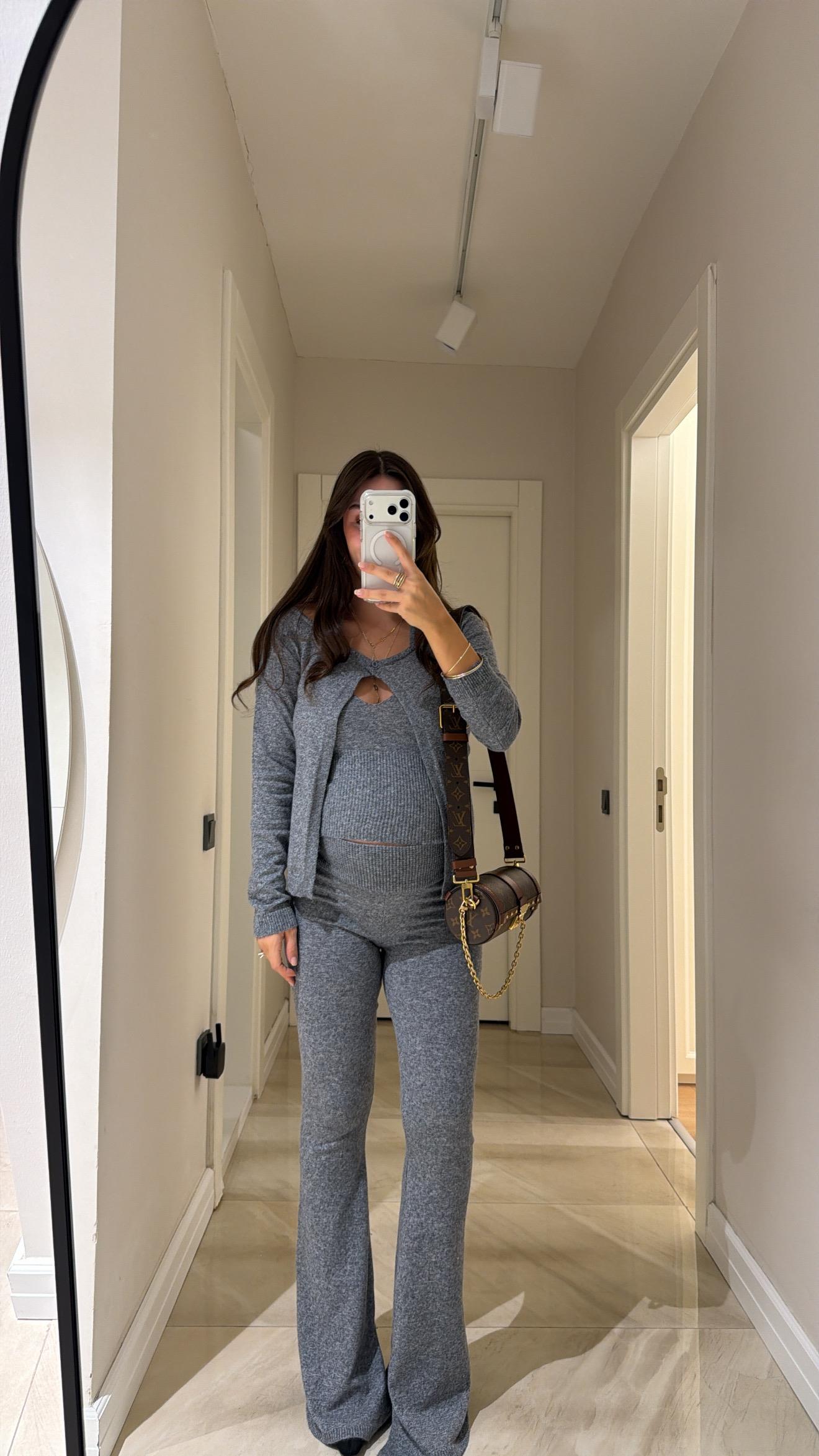 Gri Kayık Yaka Üçlü Triko Takım