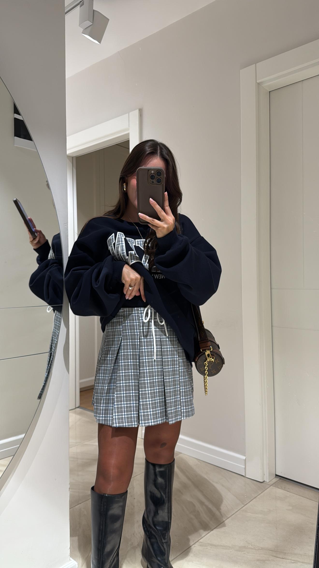 Gri Lacivert Ekoseli Pileli Etek