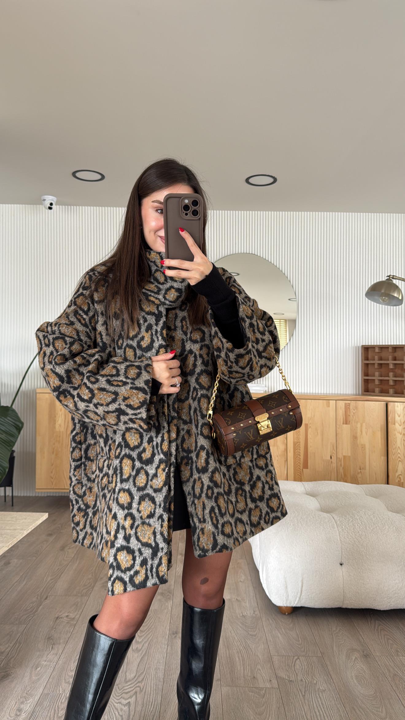 Gri Leopar Atkılı Kaşe Oversize Ceket 