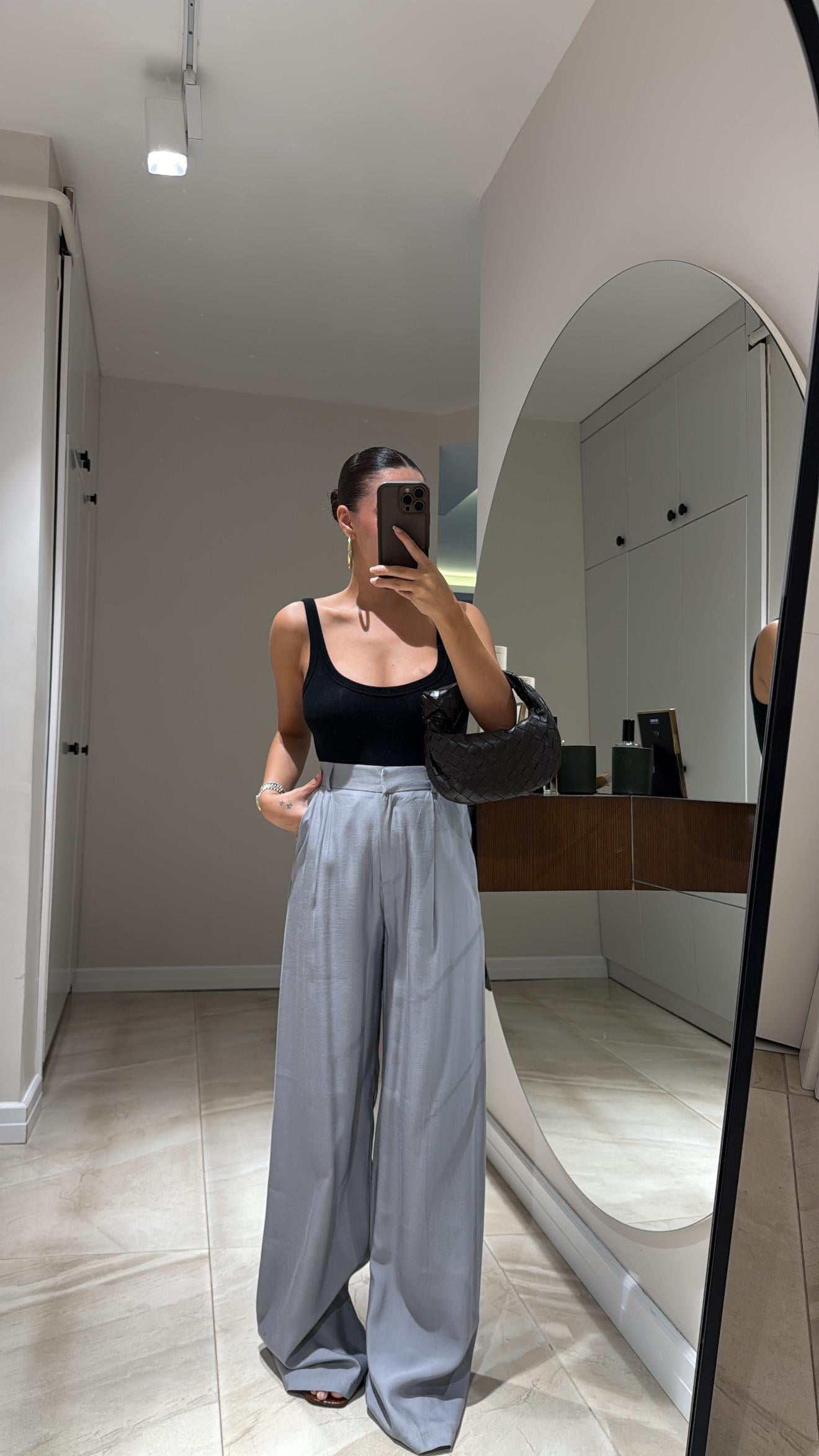 Gri Maskülen Keten Bol Paça Pantolon 