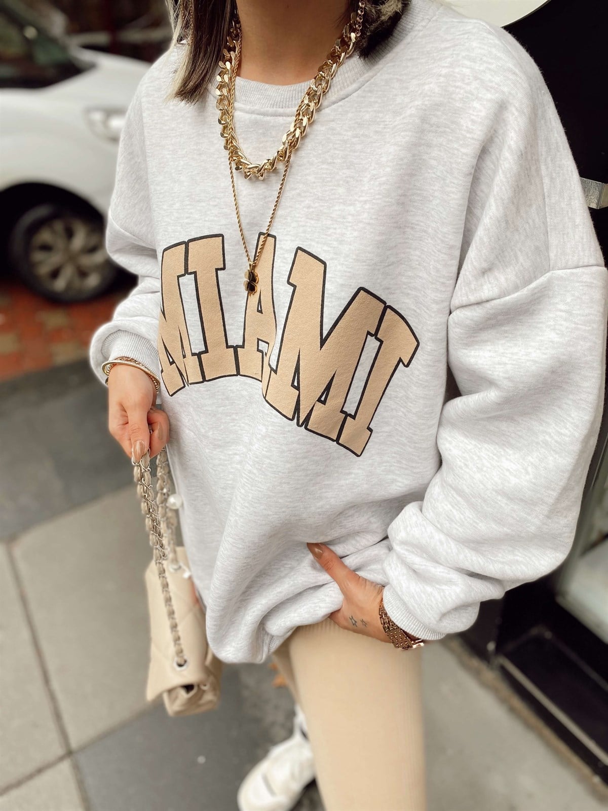 Gri Miami Basklı Sweat