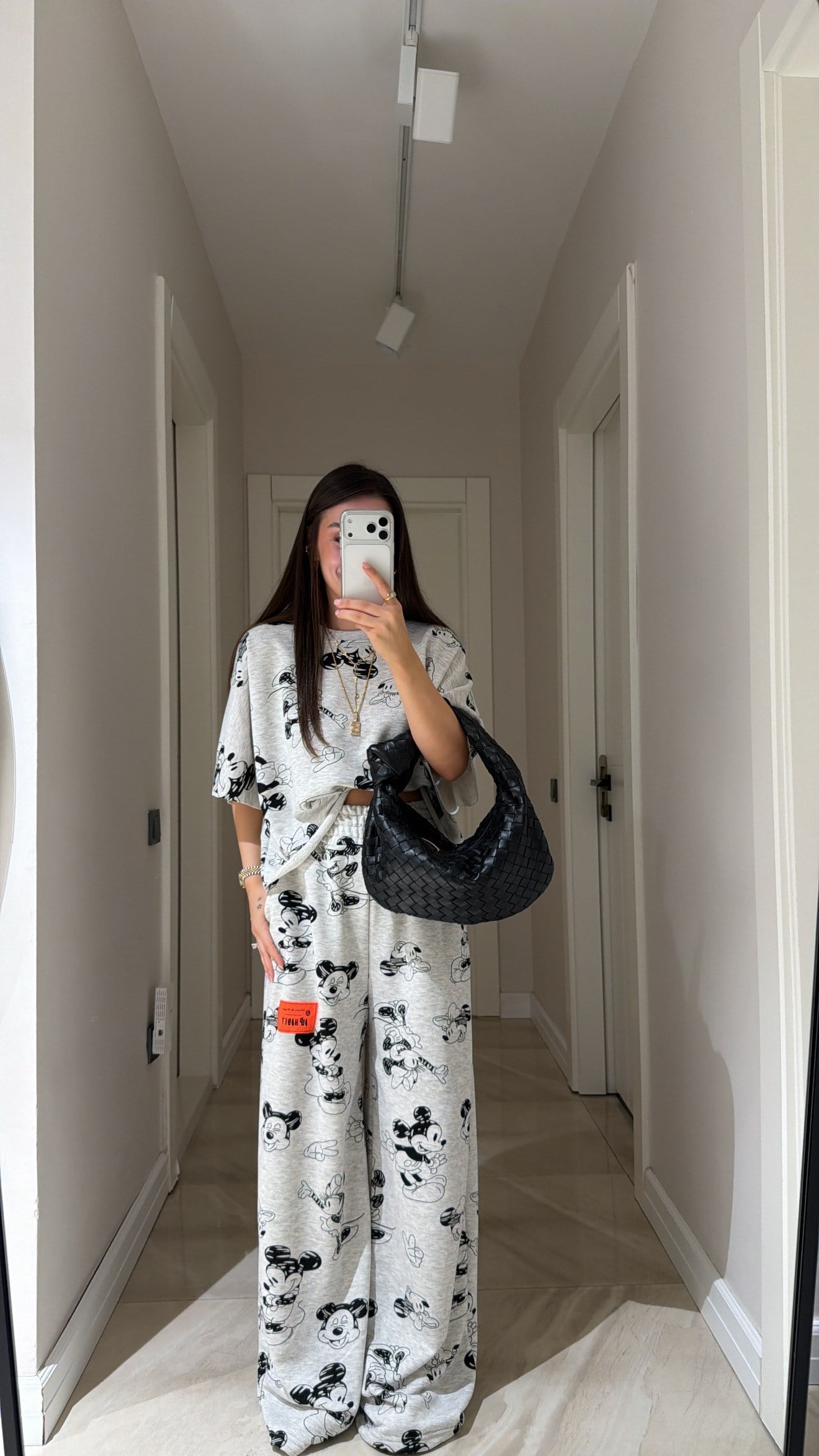 Gri Mickey Mouse Baskılı Bel Lastikli Pantolon