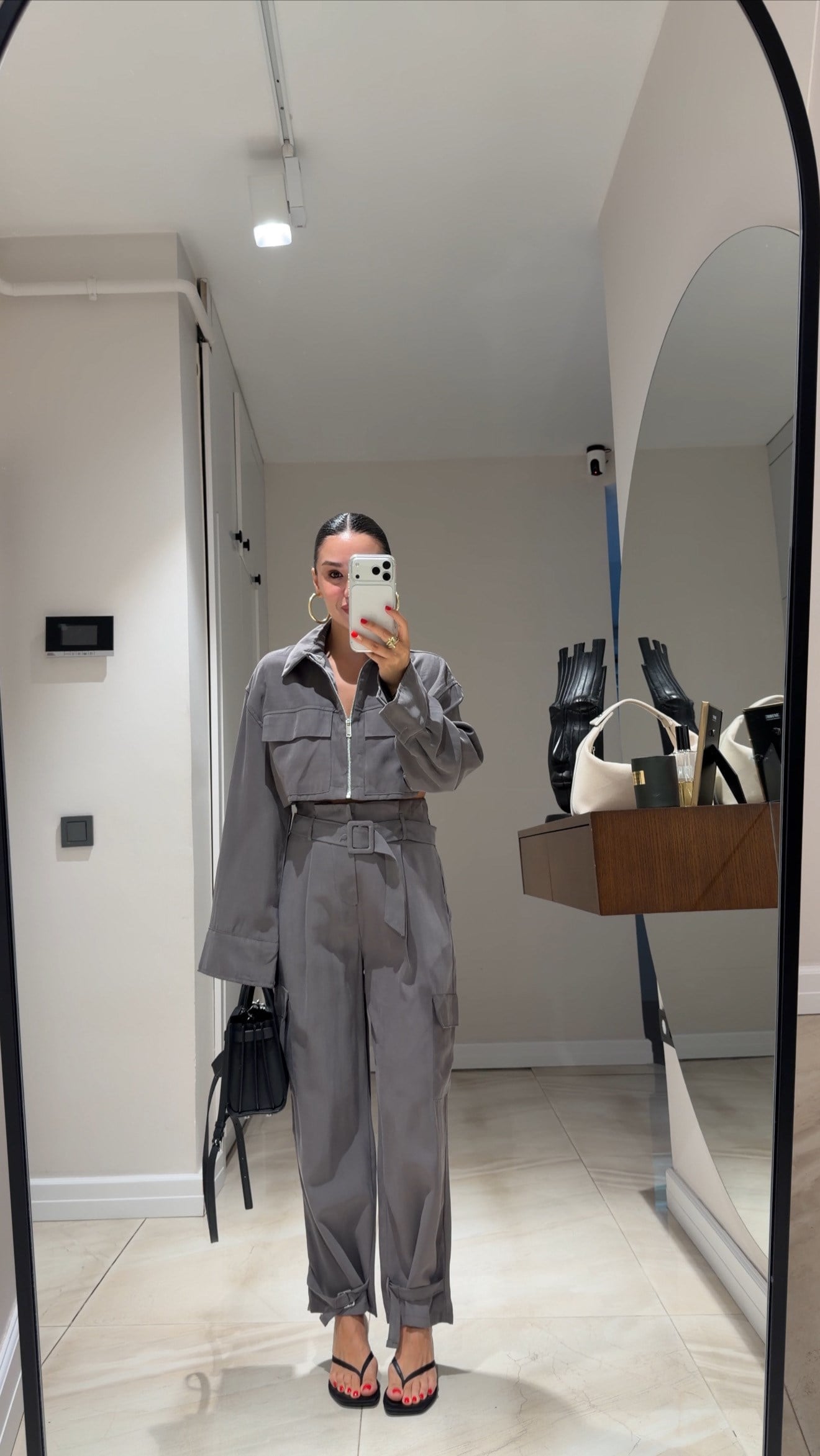 Gri Ön Fermuarlı Crop Gömlek Pantolon Takım