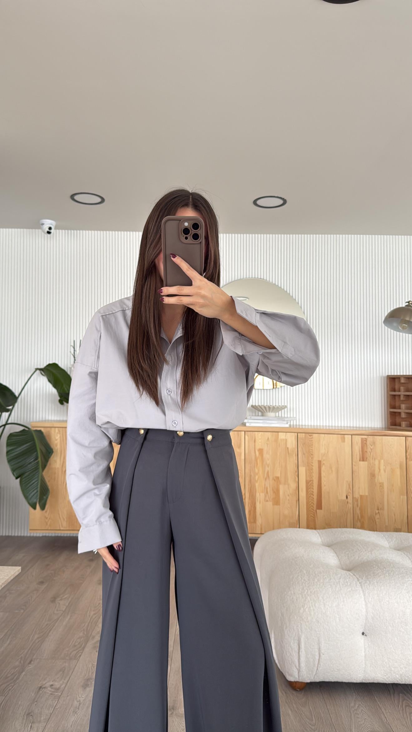 Gri Oversize Poplin Gömlek