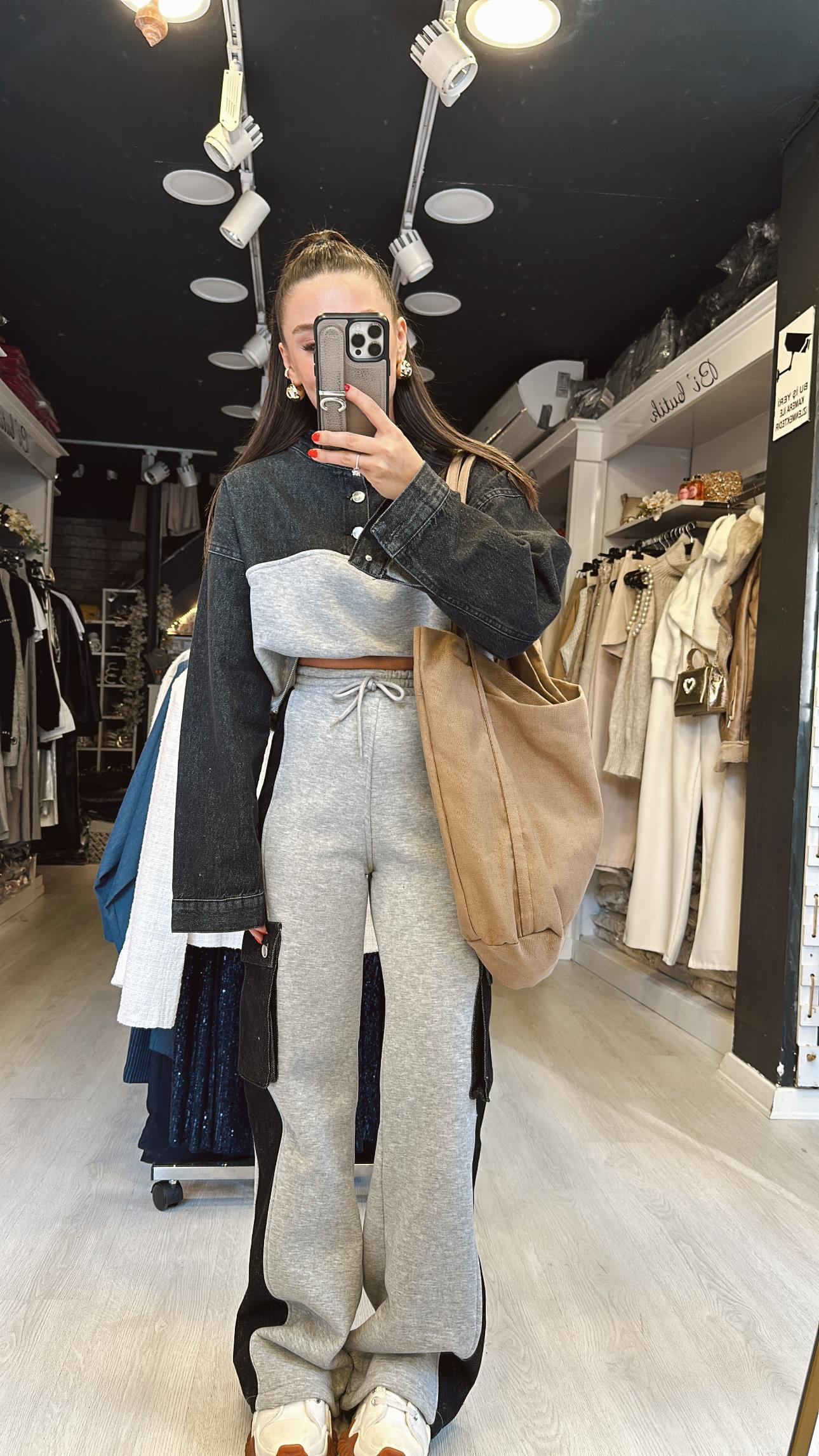 Gri Siyah Jean Detaylı Fermuarlı Sweat Takım