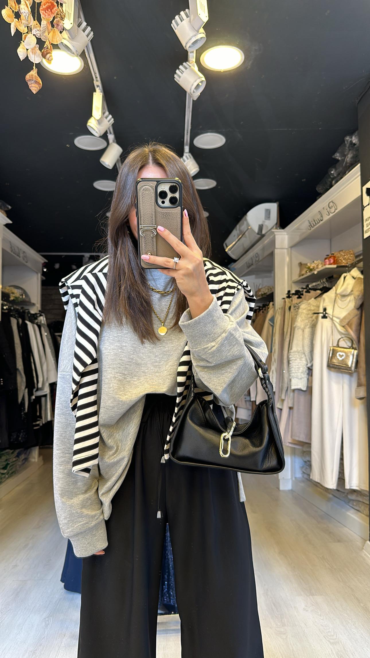 Gri Yan Yırtmaç Detaylı Basic Sweat